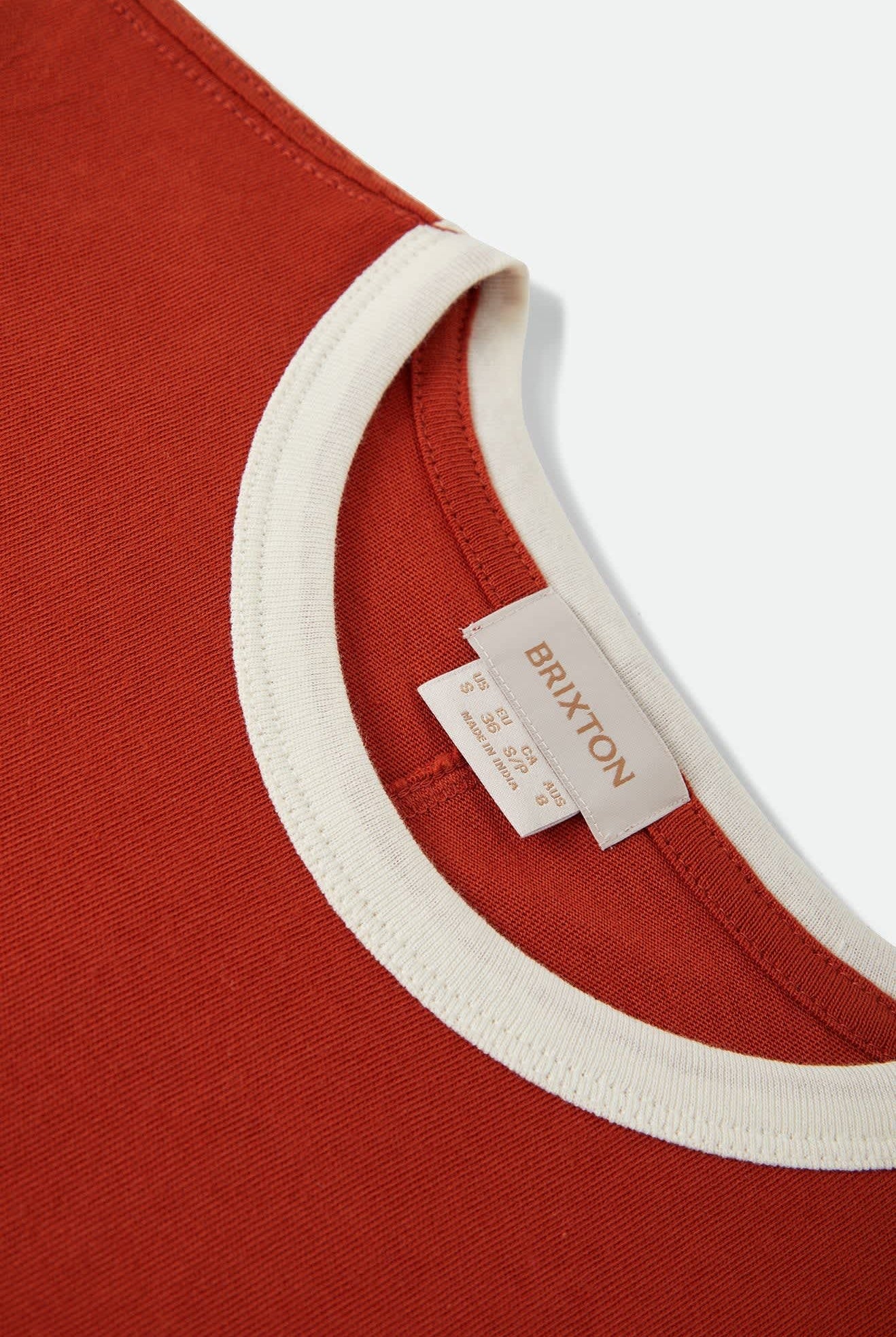 Women's Carefree Organic Garment Dye Ringer T-Shirt in the color Rust/Off White - Additional Laydown image