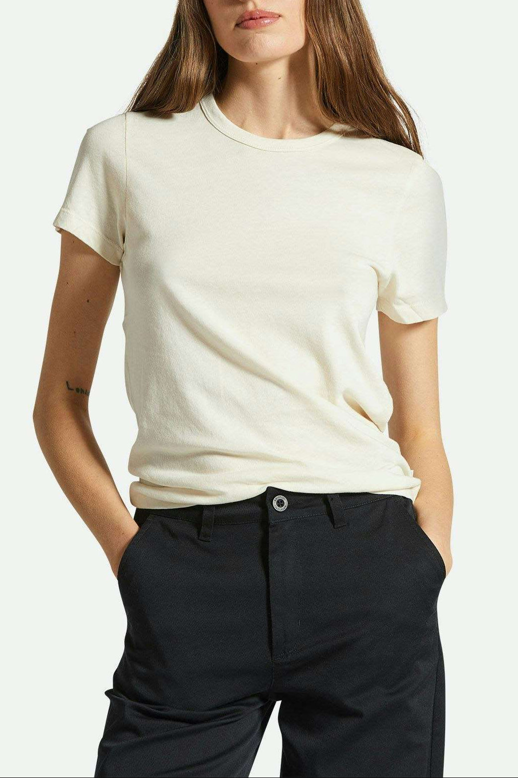 Brixton Women's Carefree Organic Garment Dye Slim Crew T-Shirt - White Smoke | Front fit