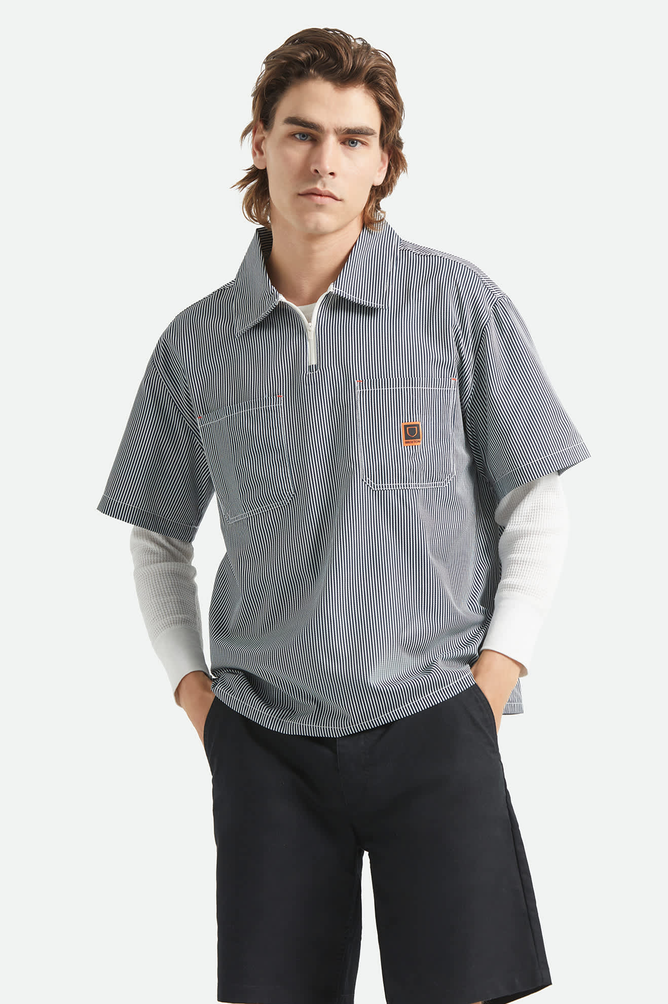 Men's Journey Lightweight 1/2 Zip Cropped Short Sleeve Shirt in the color Navy/White Stripe - Men's Front View
