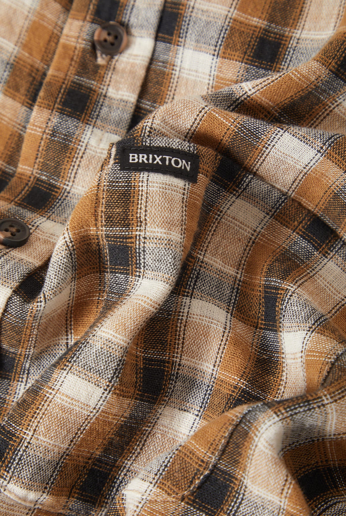 Men's Cru Linen Blend Plaid Short Sleeve Shirt in the color Black/Tobacco Plaid - Additional Laydown image