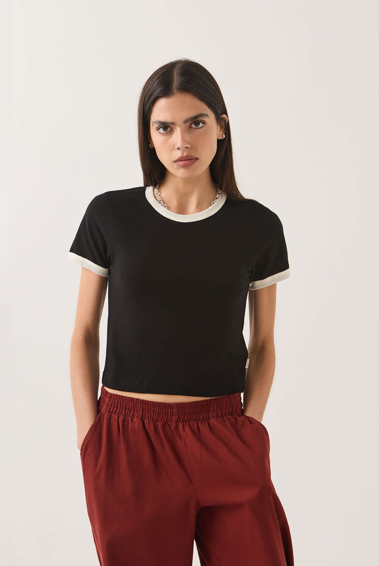 Women's Carefree Organic Garment Dye Ringer T-Shirt in the color Black/Off White - Additional Fit image