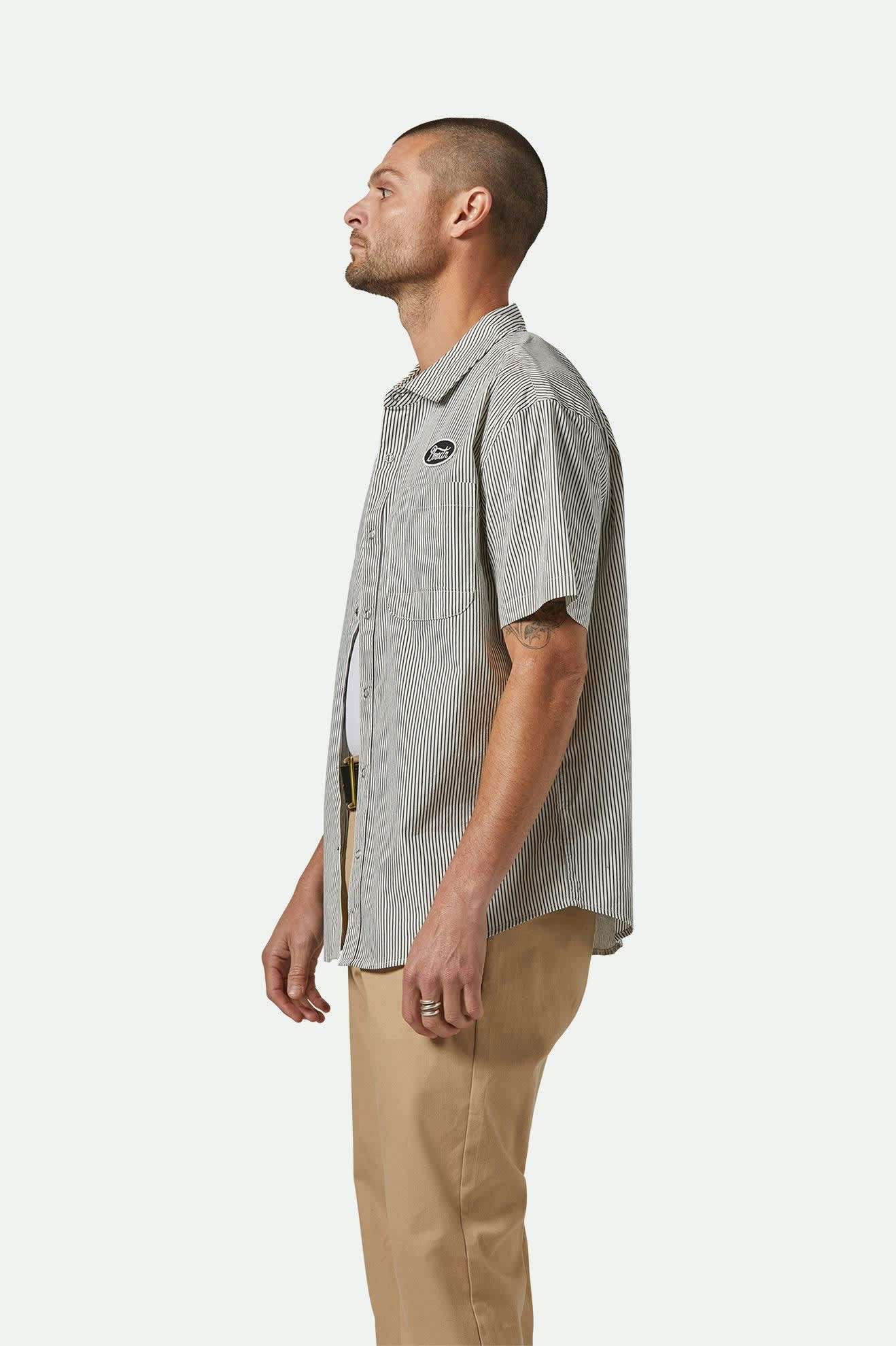 Men's Builders Auto S/S Shirt in the color Black/Off White Stripe - Men's Side View