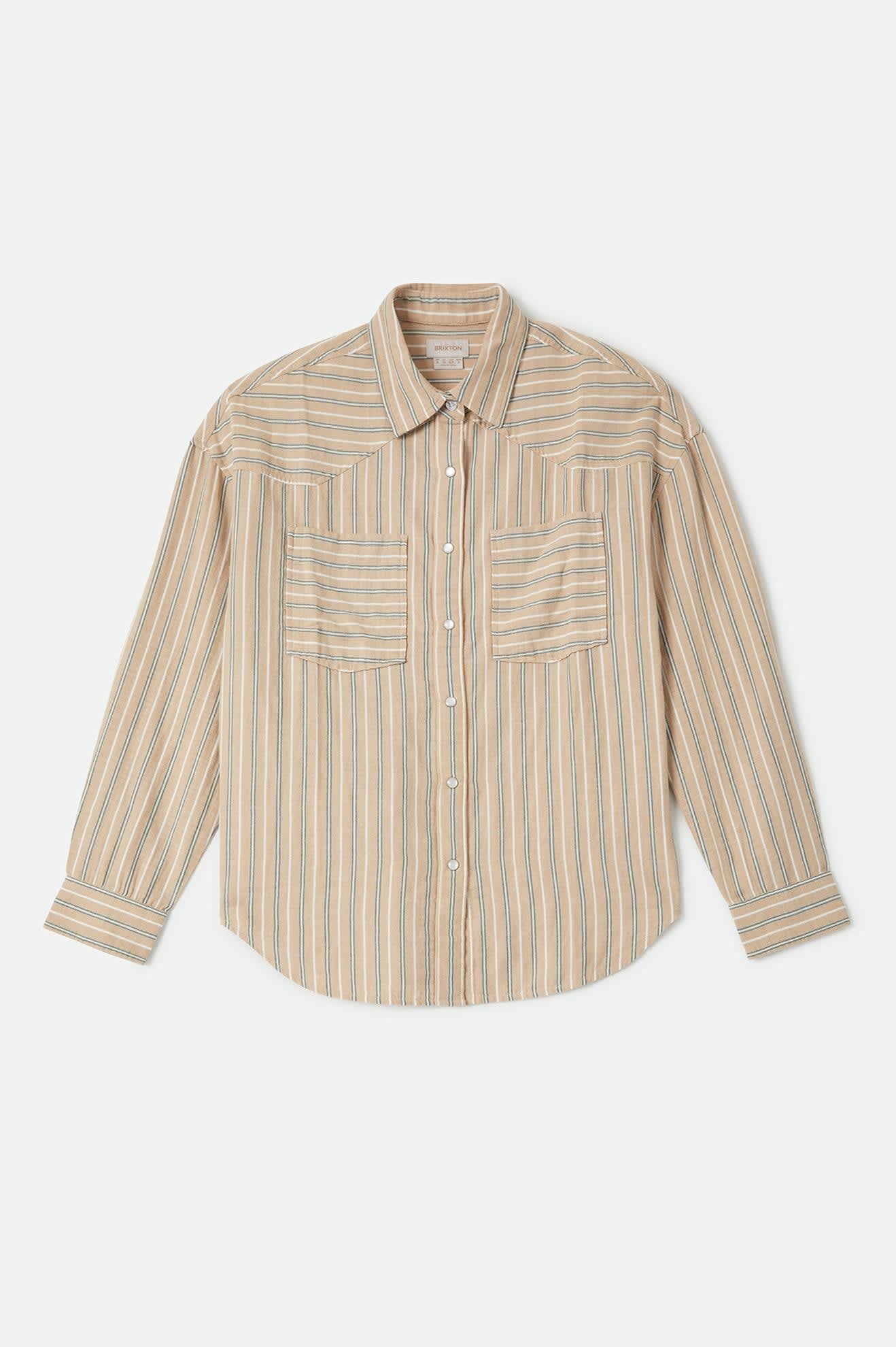 Women's Wayne Women's Shirt in the color Sand Stripe - Front Product Laydown Image