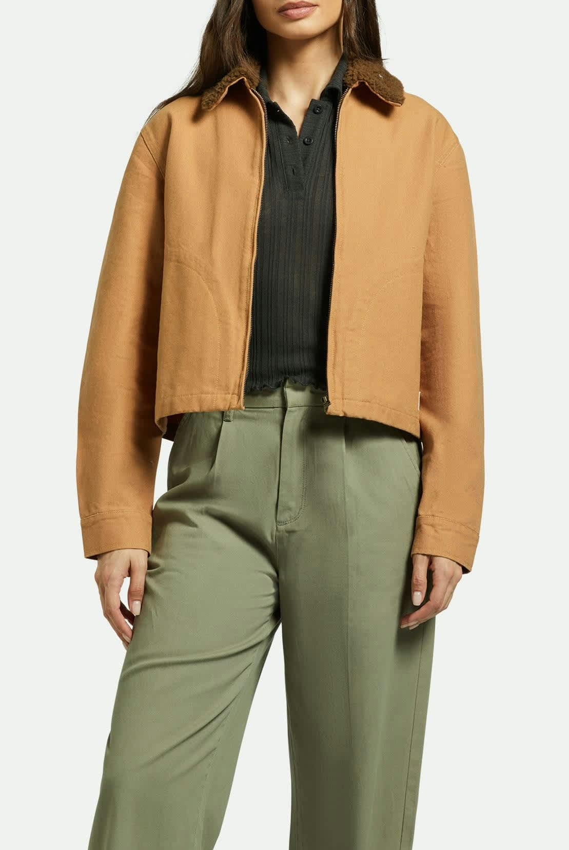 Women's Mechanics Women's Garage Sherpa Zip Jacket in the color Tobacco Brown - Women's Front View