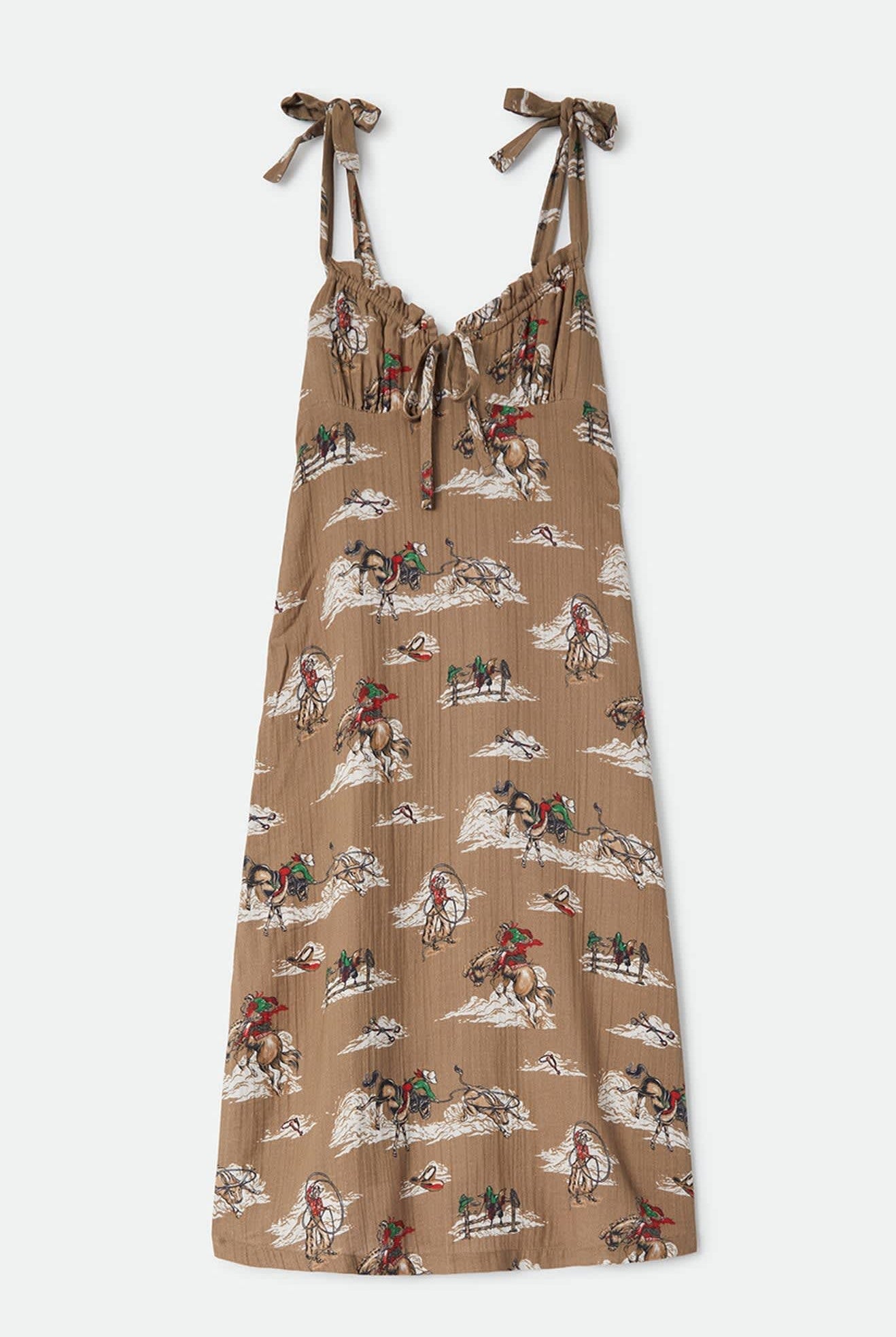 Women's The Tie Dress in the color Mid Century Cowboy Print - Front Product Laydown Image