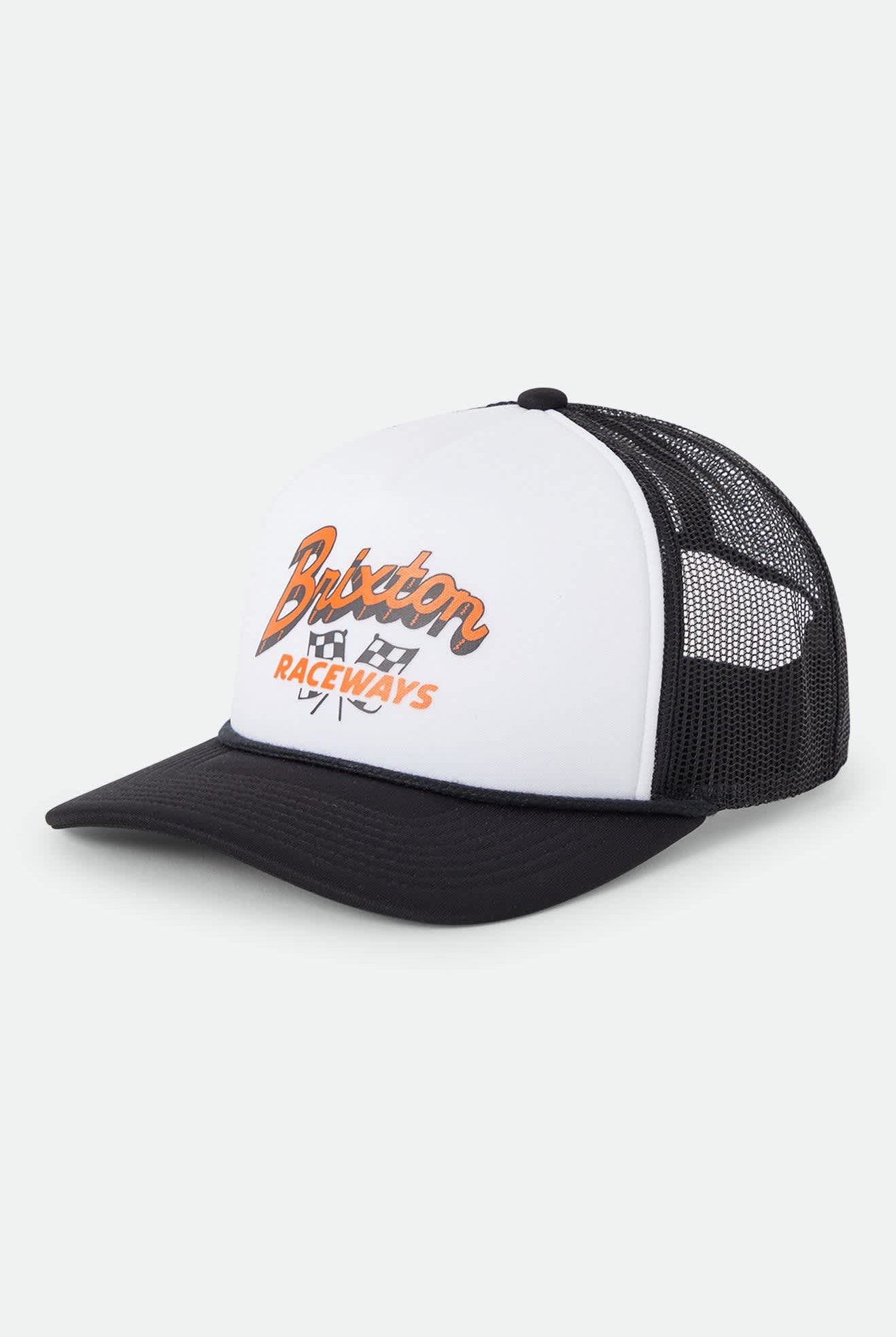 Unisex Clemont Trucker Hat in the color Black/White - Front Product Laydown Image
