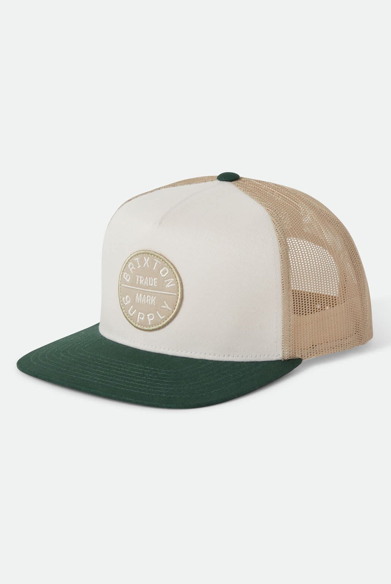 Unisex Oath Trucker Hat in the color Off White/Primal Green/Sand - Front Product Laydown Image
