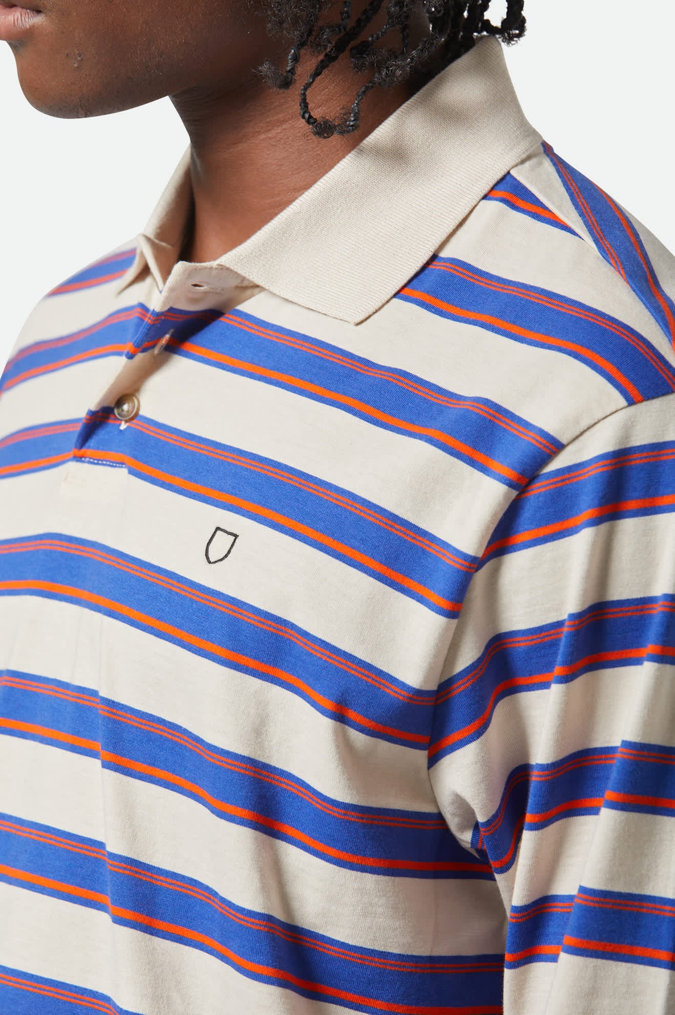 Men's Vintage Stripe L/S Polo in the color Electric Blue/Flame/Whitecap - Additional Fit View