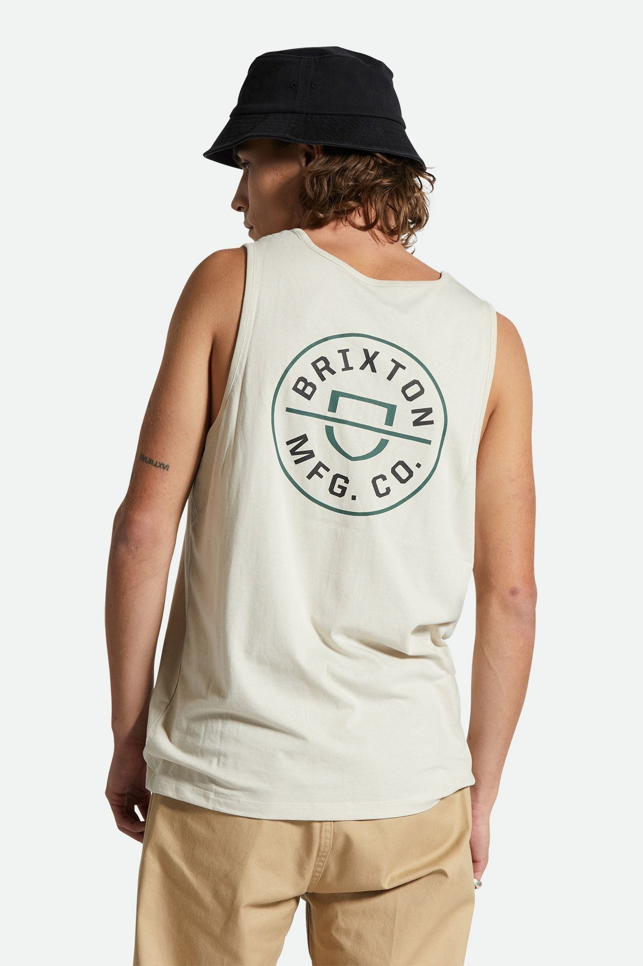 Men's Fit, Back View | Crest Tank Top - Beige/Trekking Green/Black