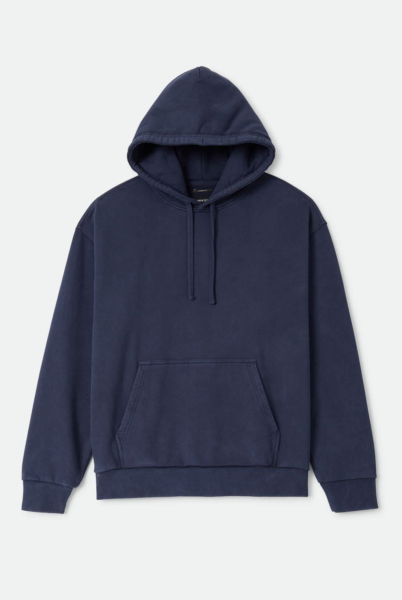 Men's Brixton Baseline Hood Fleece in the color Washed Navy Vintage Wash - Front Product Laydown Image