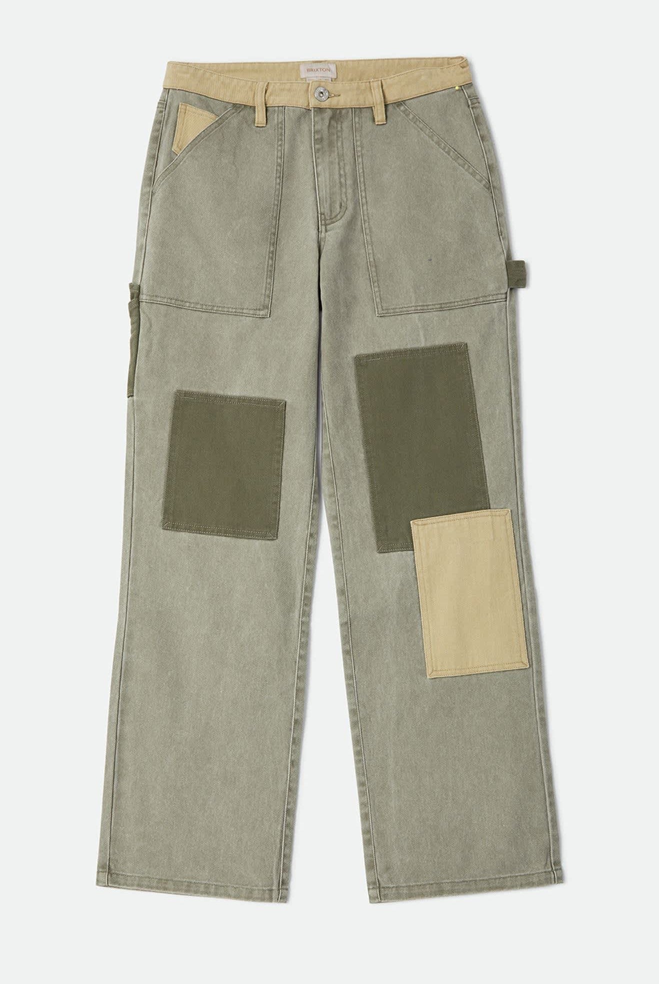 Women's Essex Patchwork Painter Pant in the color Vintage Olive Patchwork - Front Product Laydown Image