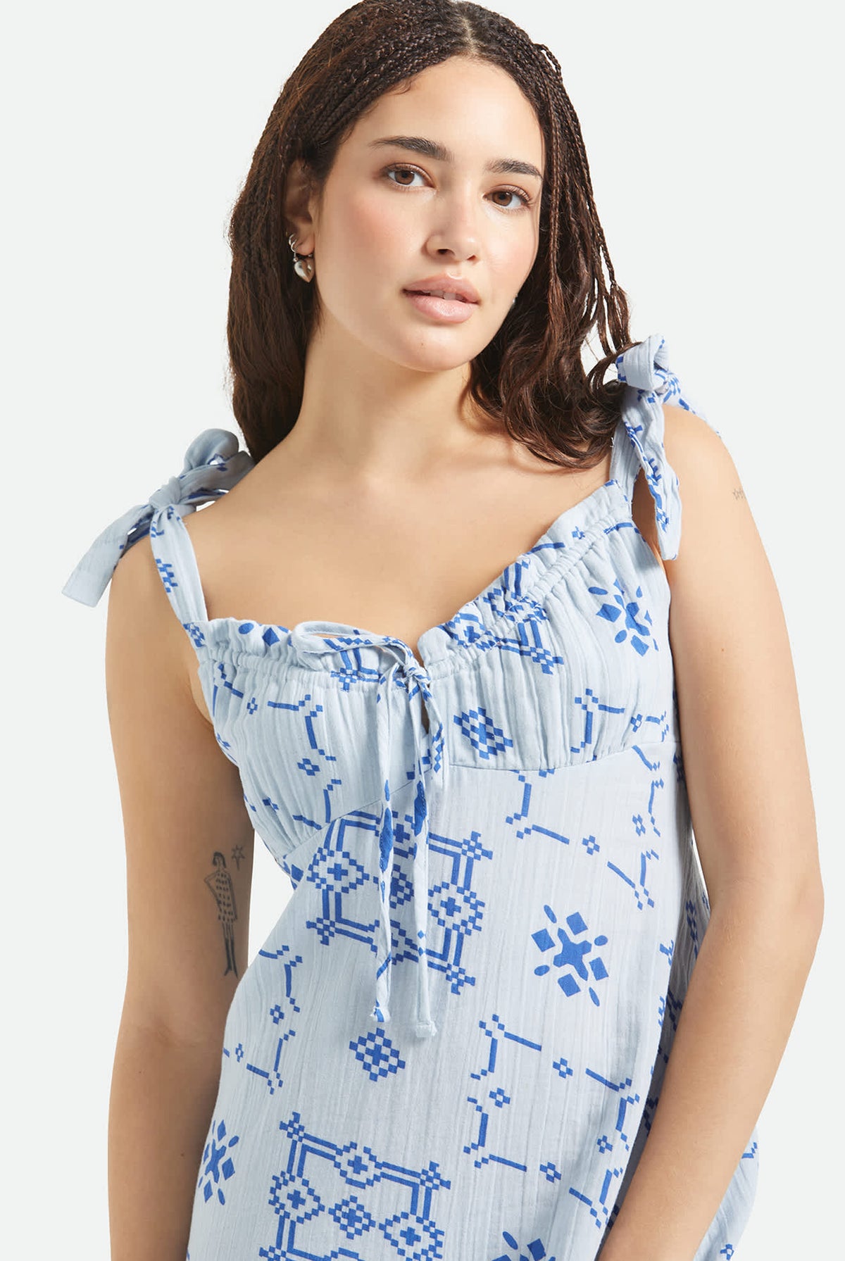 Women's The Tie Dress in the color Aura Blue Tile Print - Women's Front View