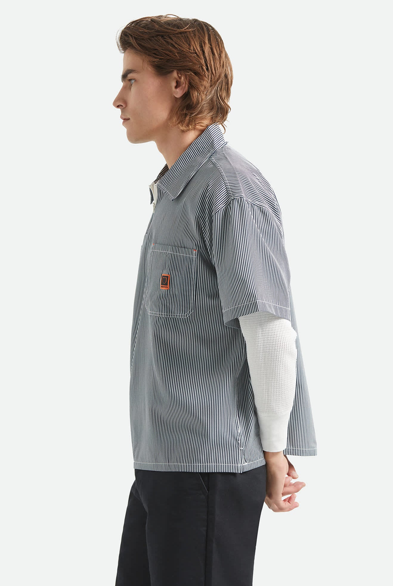 Men's Journey Lightweight 1/2 Zip Cropped Short Sleeve Shirt in the color Navy/White Stripe - Men's Side View