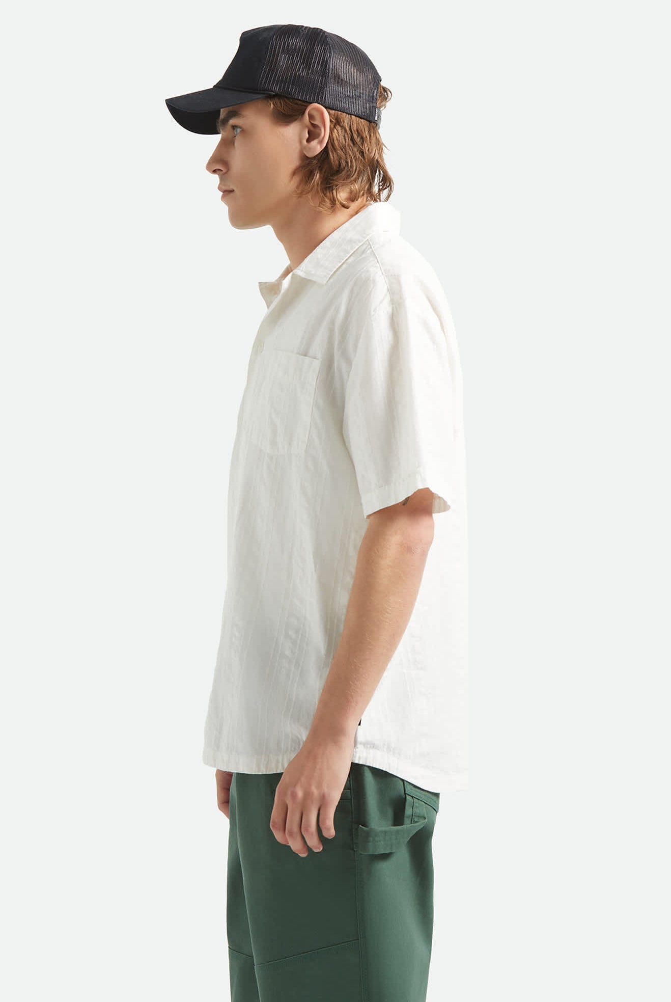 Men's Vintage Short Sleeve Shirt in the color Off White Jacquard Stripe - Men's Side View