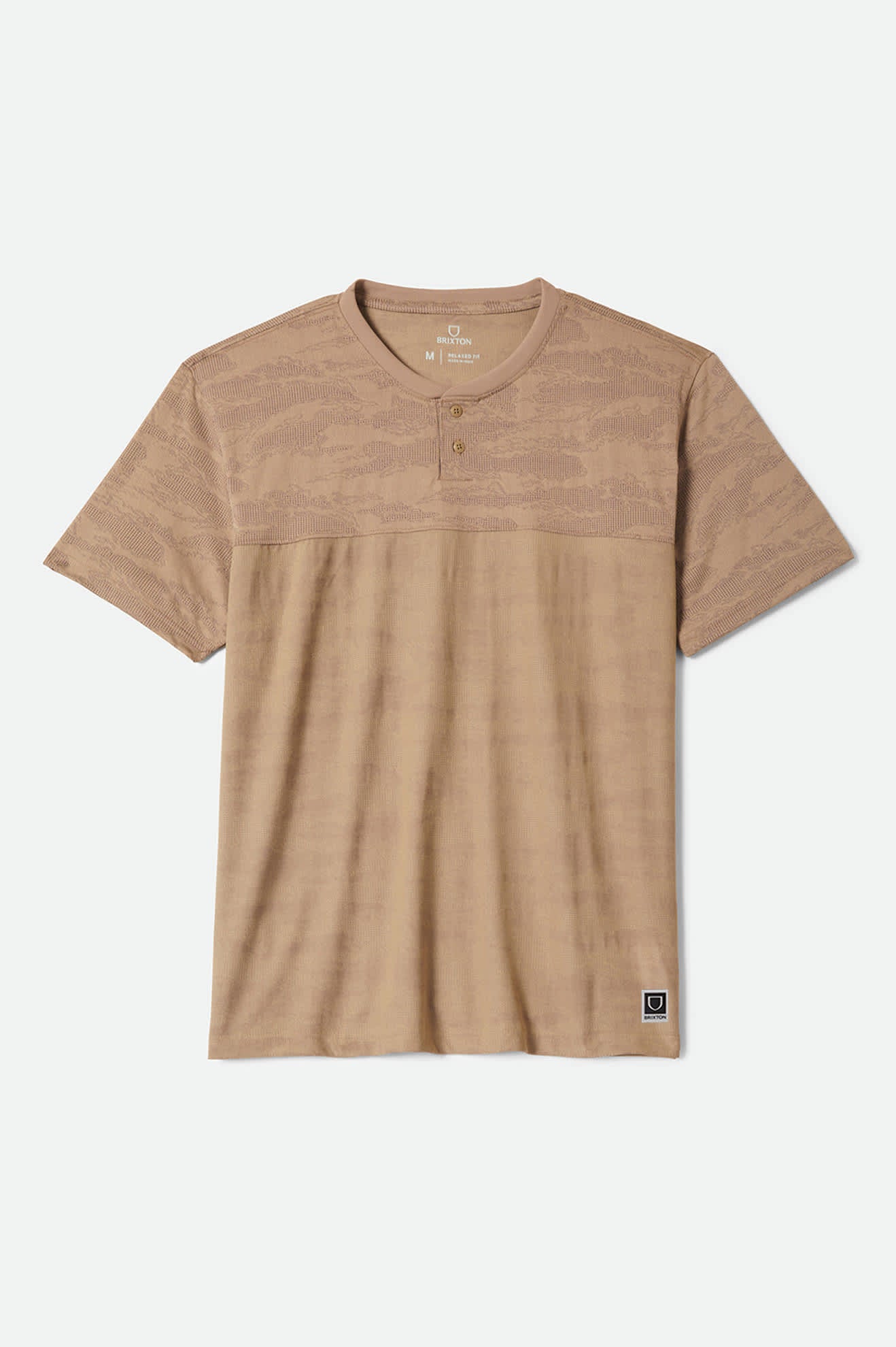 Men's Journey Short Sleeve Henley in the color Desert Tiger Camo - Front Product Laydown Image