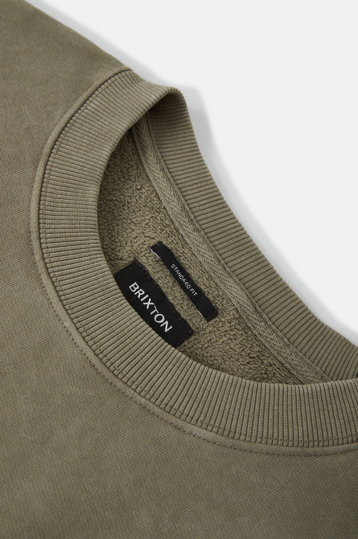 Men's Brixton Baseline Crew Fleece in the color Olive Surplus Vintage Wash - Additional Laydown image