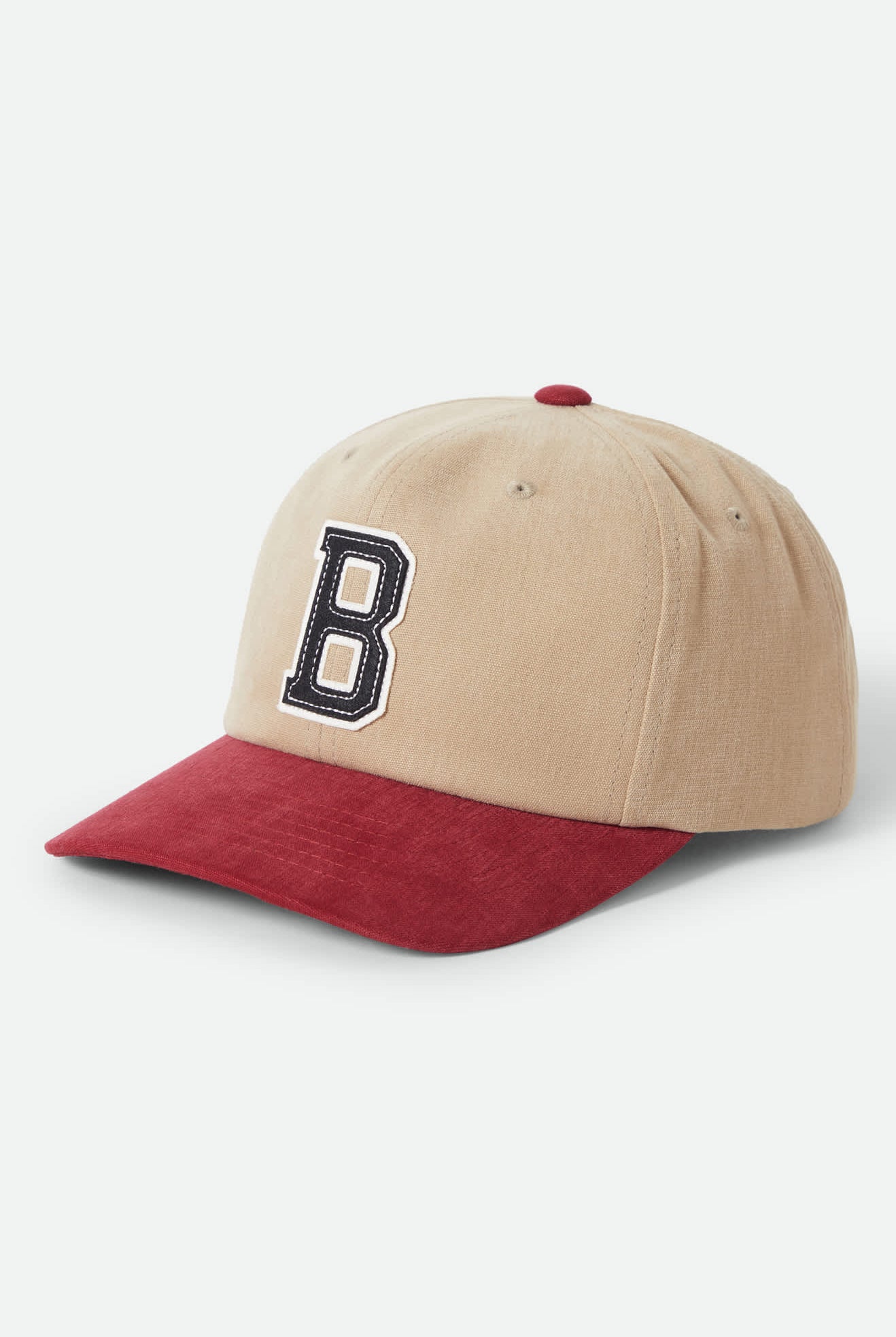 Unisex Big B Adjustable Hat in the color Sand/Burgundy - Front Product Laydown Image