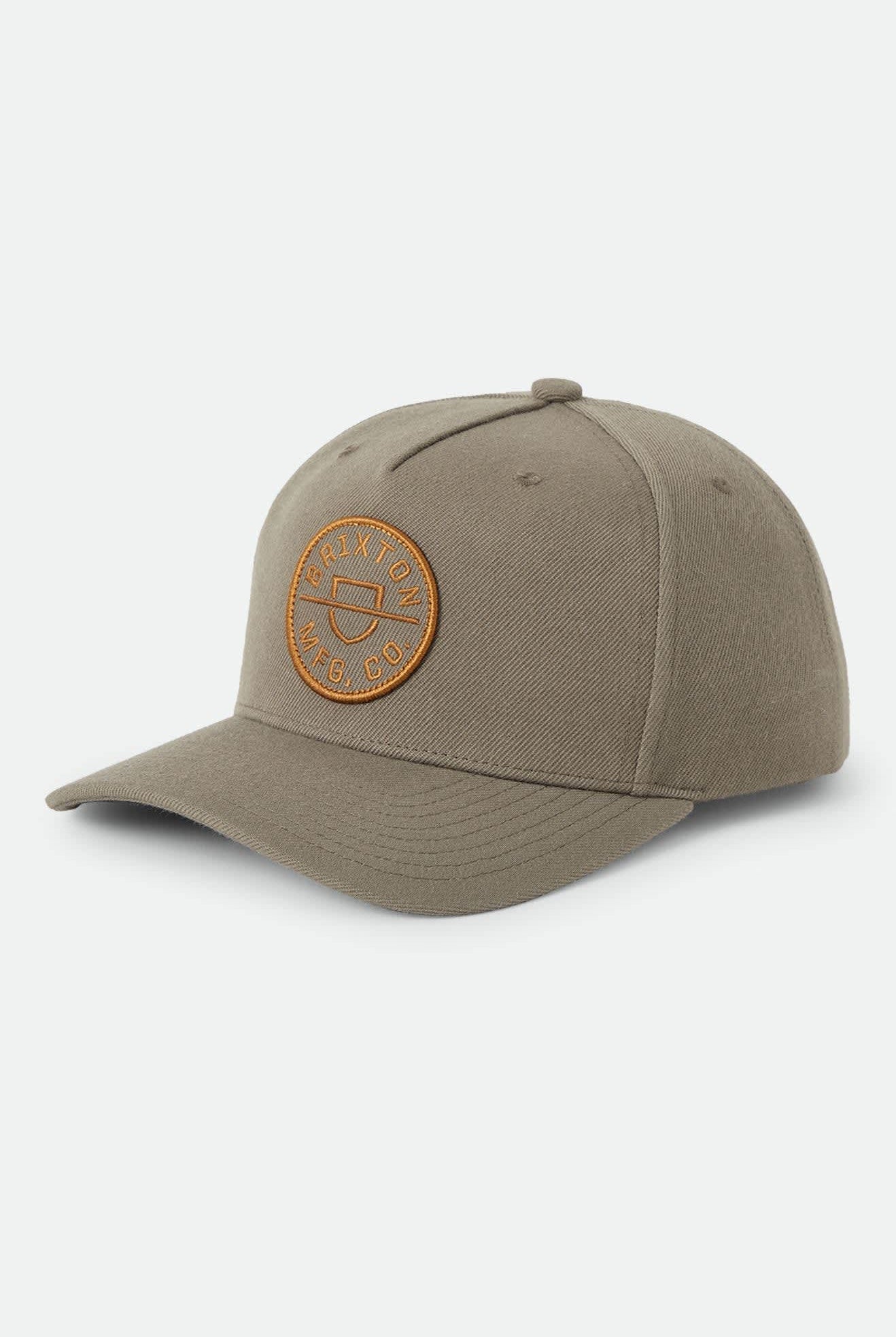 Unisex Crest Snapback in the color Dark Olive/Caramel - Front Product Laydown Image