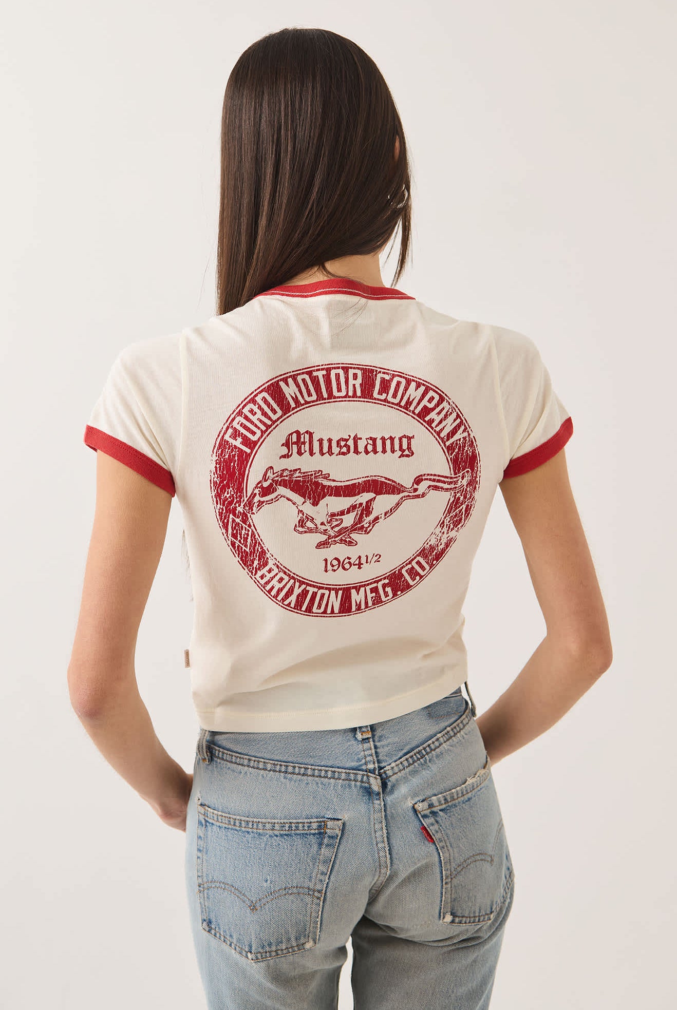 Women's Ford Mustang Baby Ringer T-Shirt in the color Wimbledon White - Additional Fit image