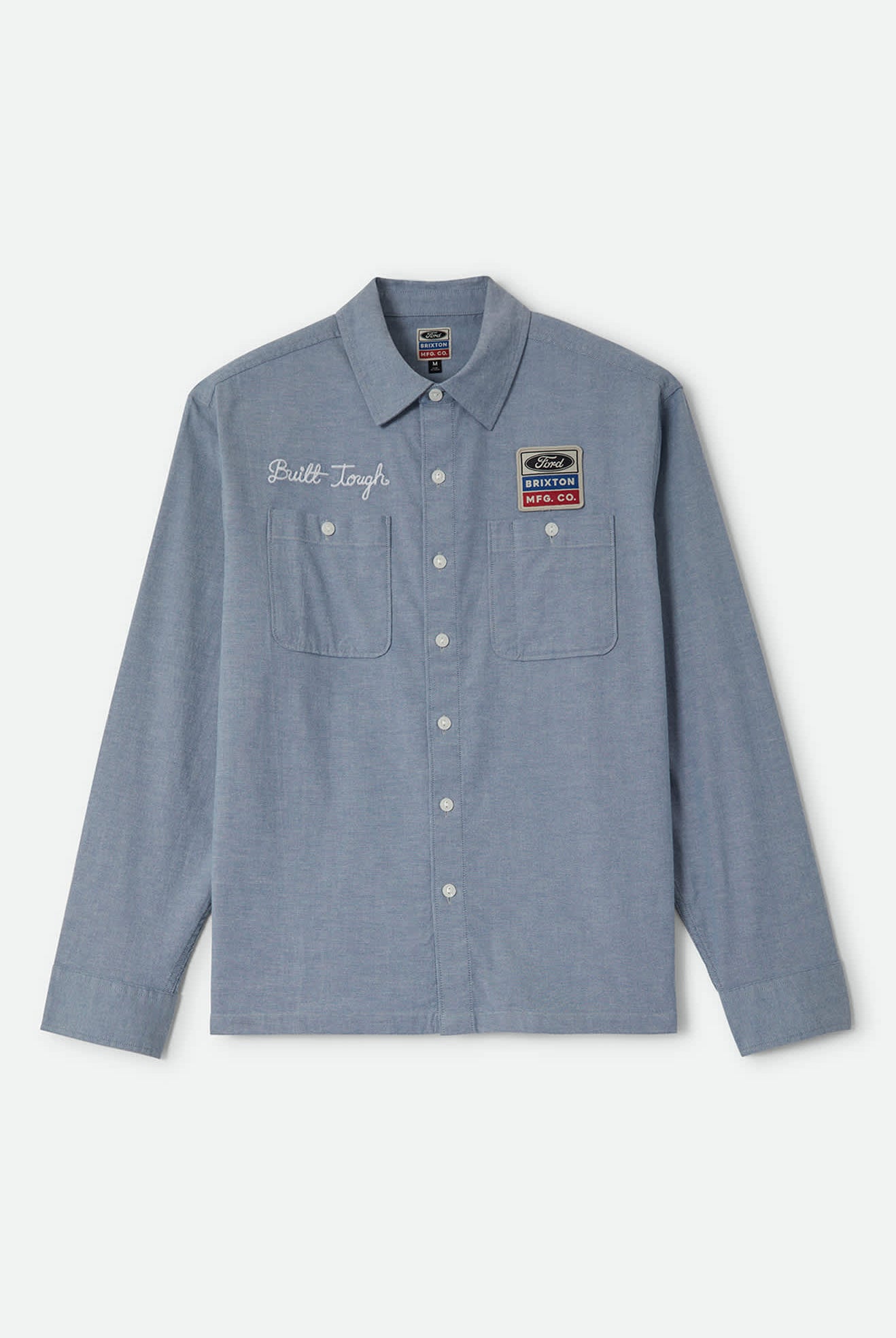 Men's Ford Service Dept Workshirt in the color Blue Chambray - Front Product Laydown Image