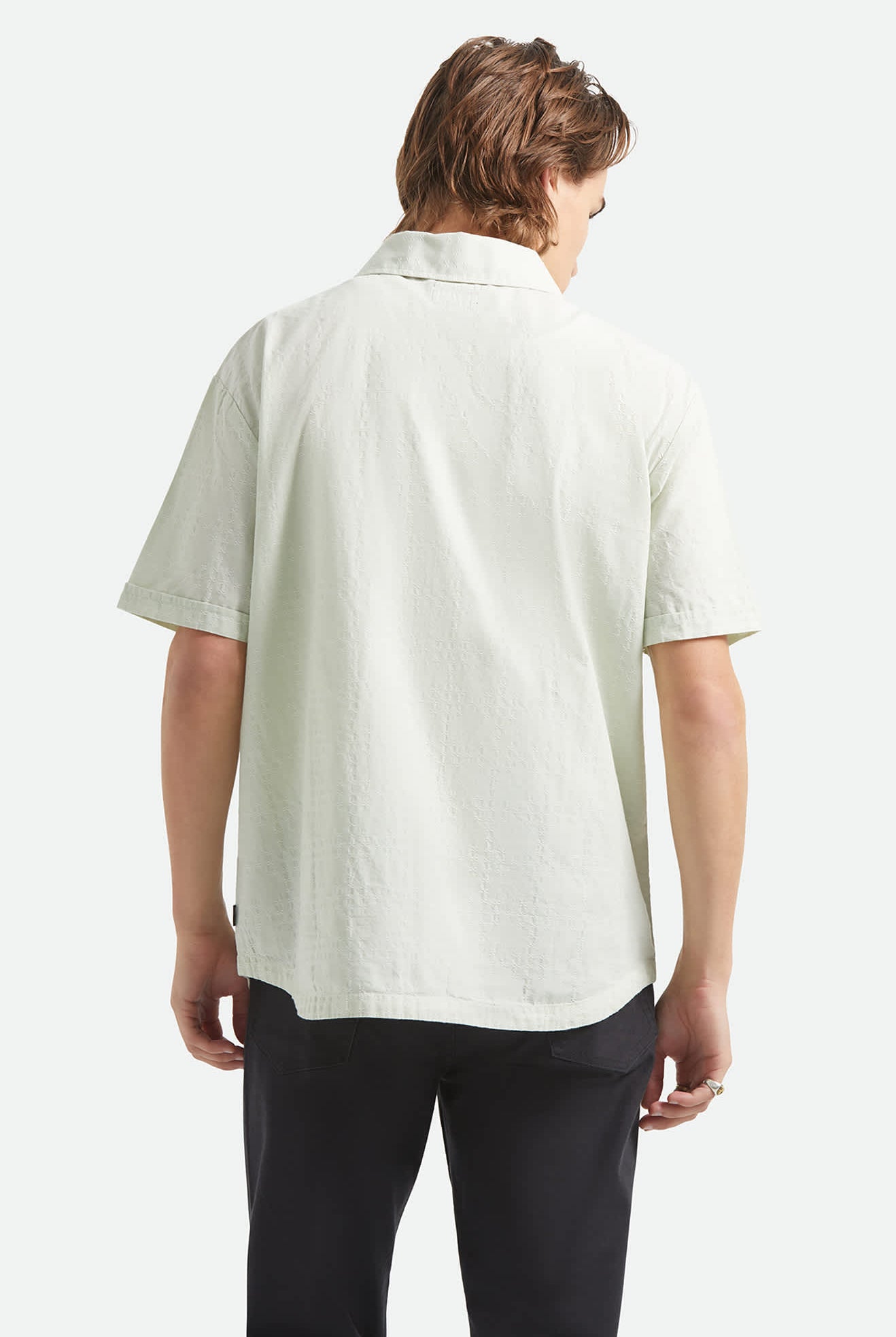 Men's Vintage Short Sleeve Shirt in the color Sea Foam Jacquard Check - Men's Back View
