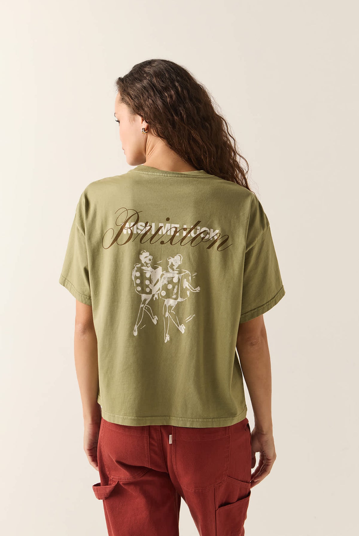 Women's Wish Me Luck Boxy Crop T-Shirt in the color Olive Surplus - Women's Back View