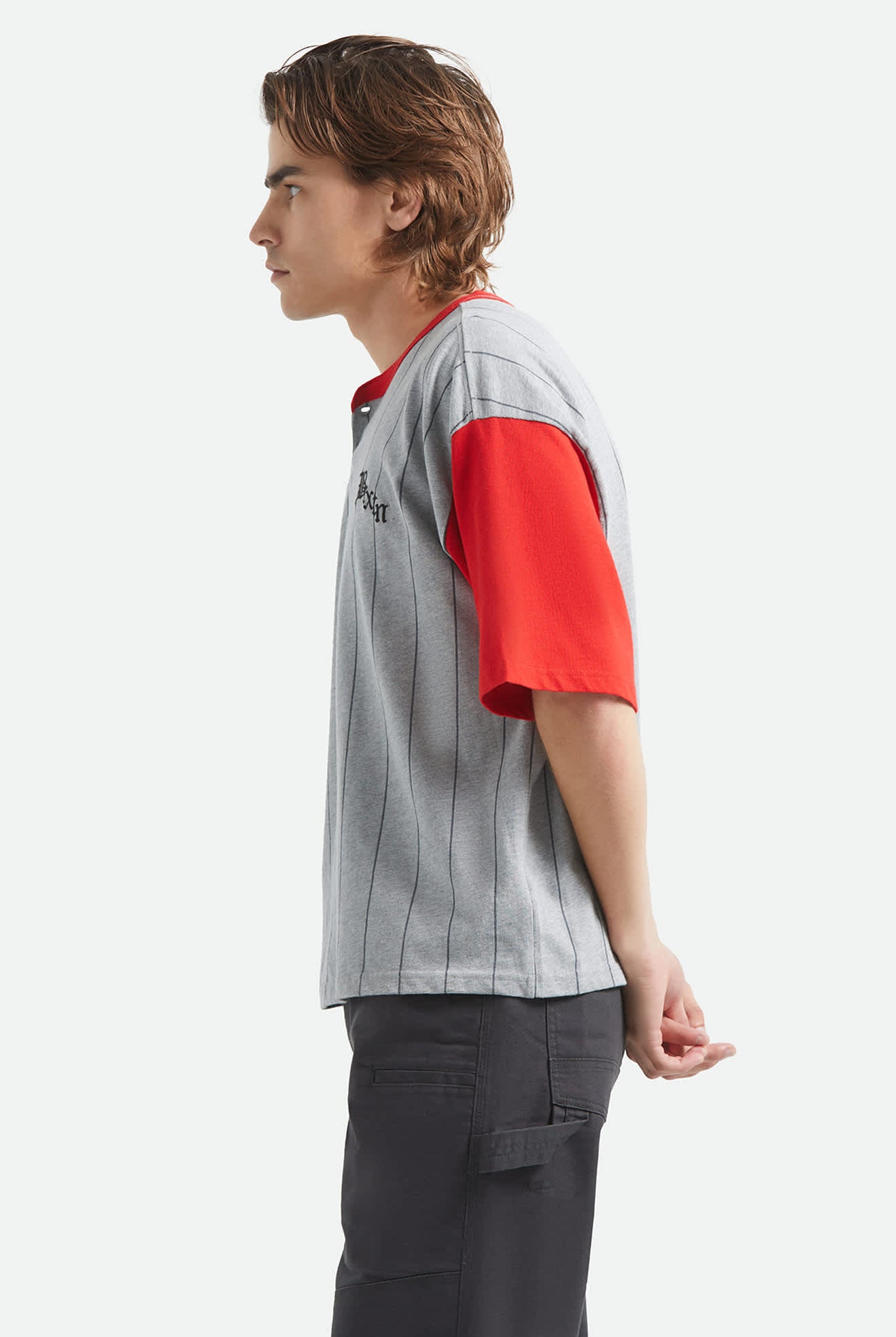 Men's Boxy Short Sleeve Baseball T-Shirt in the color Heather Grey/Adrenaline Rush - Men's Side View