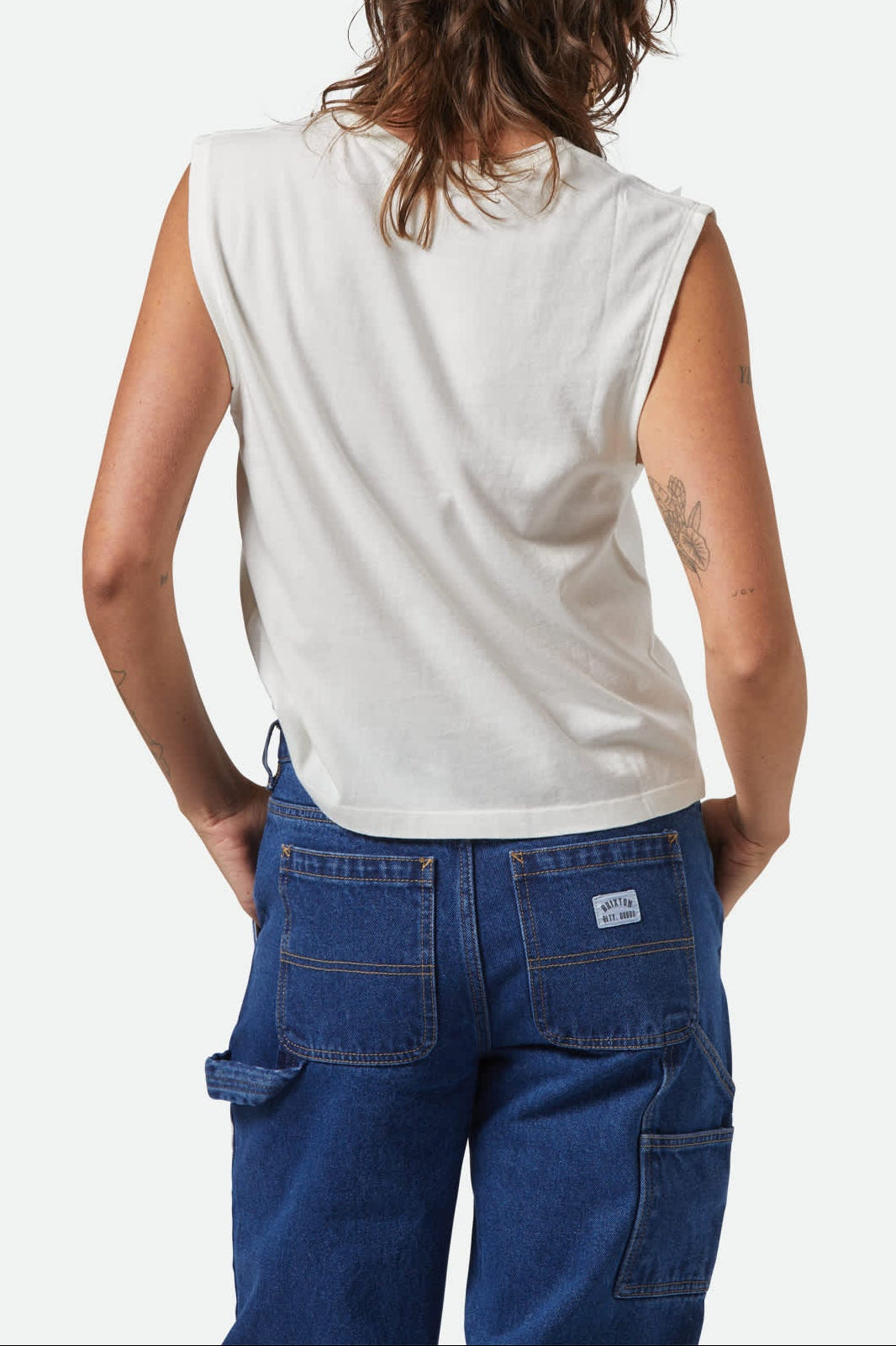 Women's Carefree Organic Garment Dye Muscle Tank in the color Off White - Women's Back View