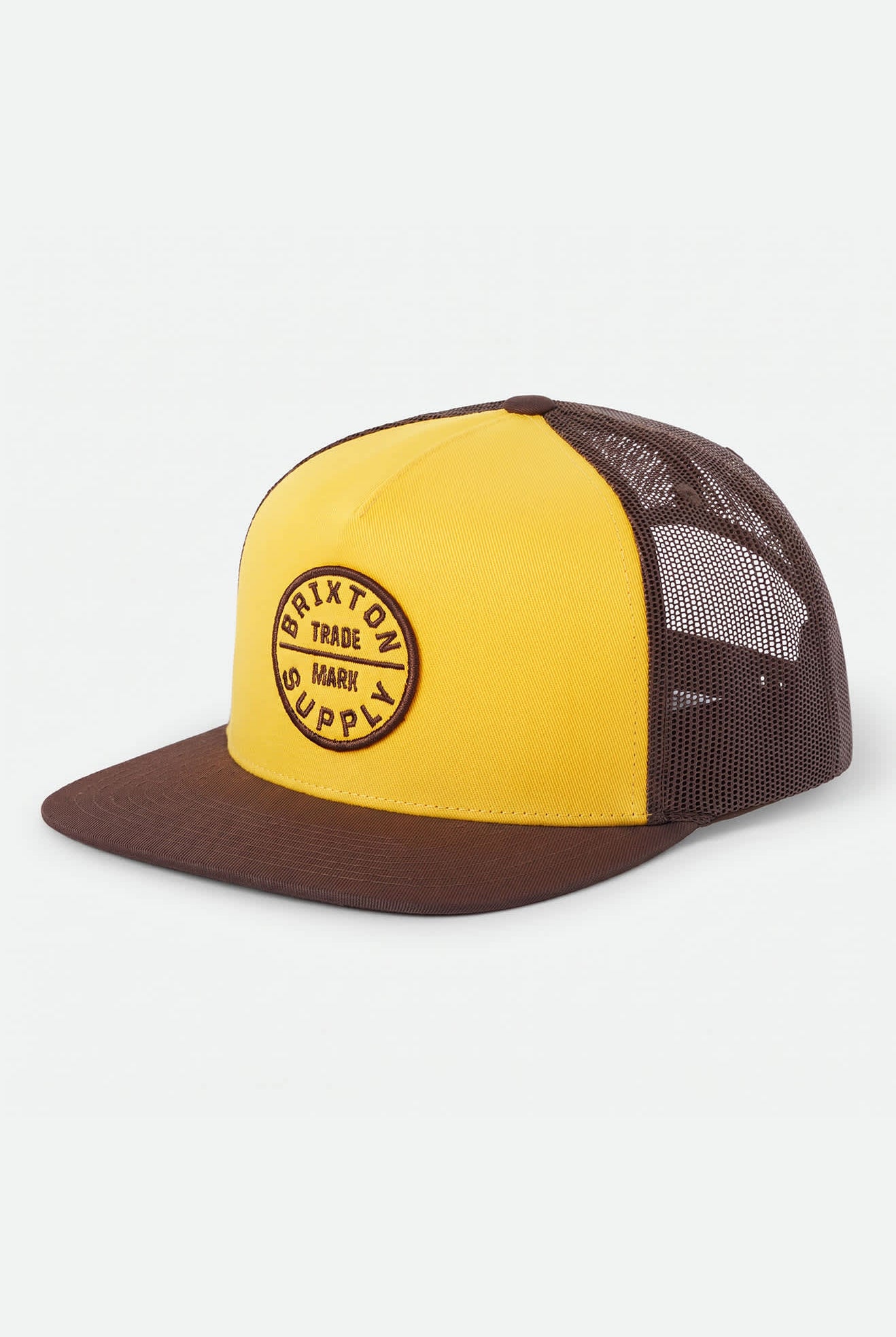 Unisex Oath Trucker Hat in the color Golden Hour/Coco - Front Product Laydown Image