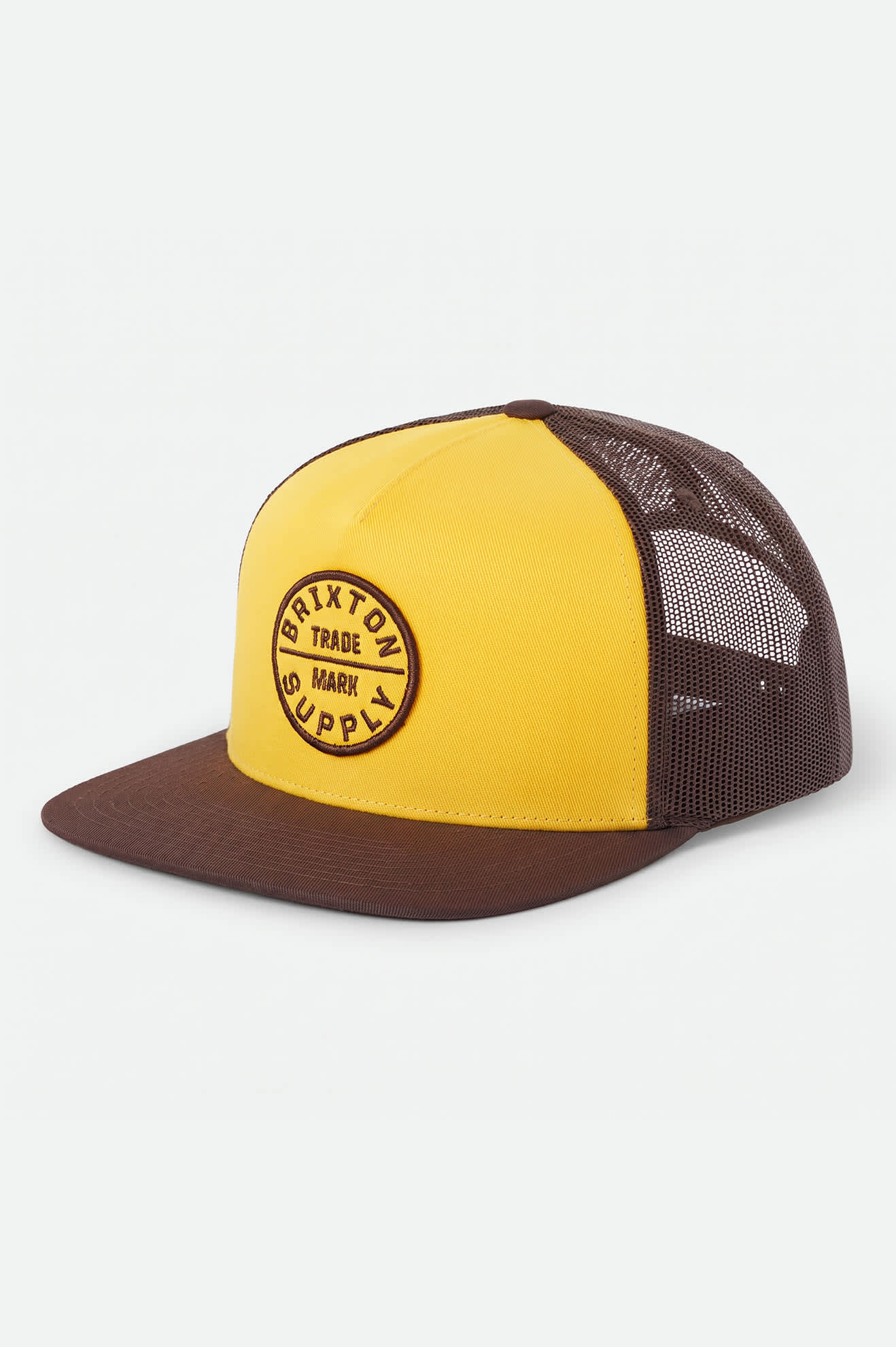 Unisex Oath Trucker Hat in the color Golden Hour/Coco - Front Product Laydown Image