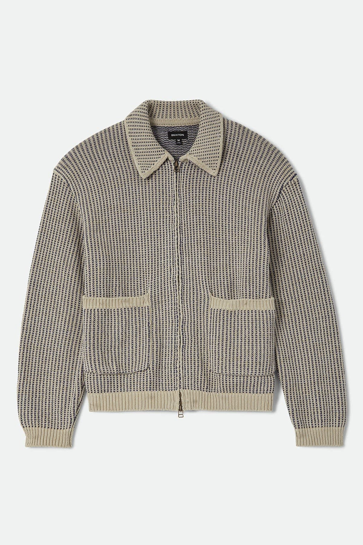 Unisex Pacific Zip Sweater in the color Navy/Whitecap - Front Product Laydown Image