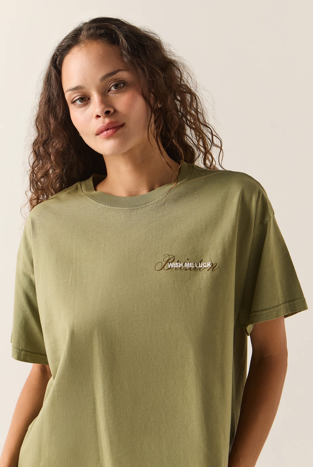 Women's Wish Me Luck Boxy Crop T-Shirt in the color Olive Surplus - Additional Fit image