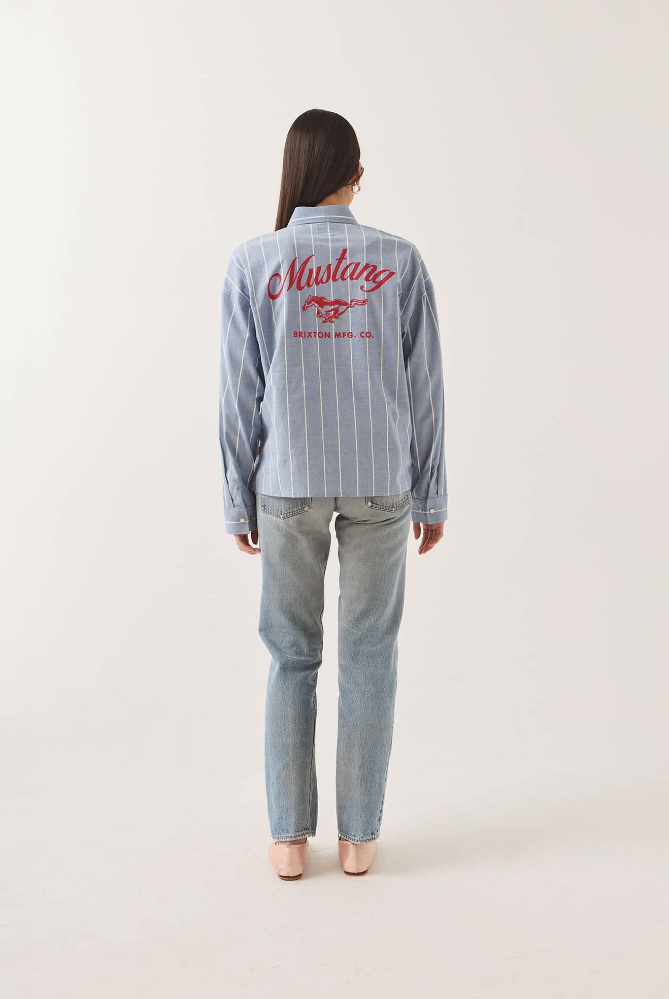 Women's Ford Mustang Sally Shirt in the color Blue Chambray/Stripe - Women's Back View