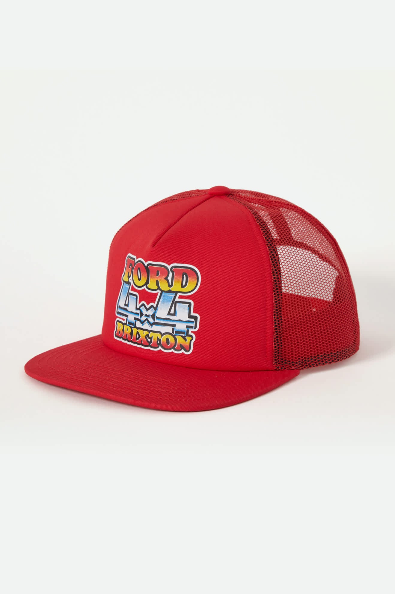 Unisex Ford 4x4 Chrome Trucker Hat in the color Rangoon Red - Front Product Laydown Image
