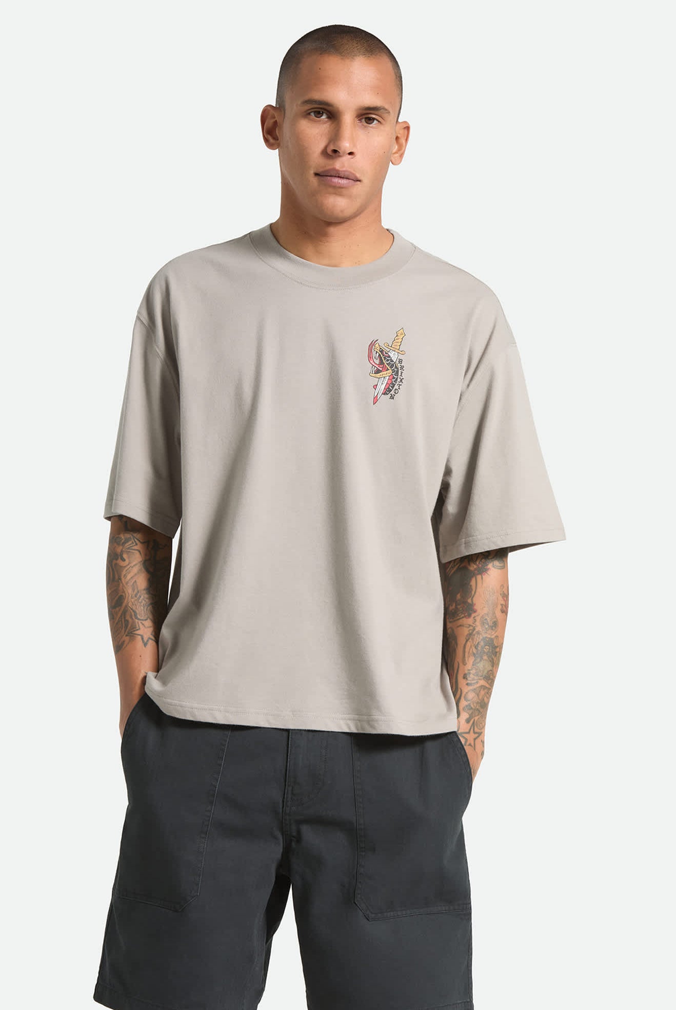 Men's Sword Short Sleeve Boxed Crop T-Shirt in the color Pebble Stone - Men's Front View