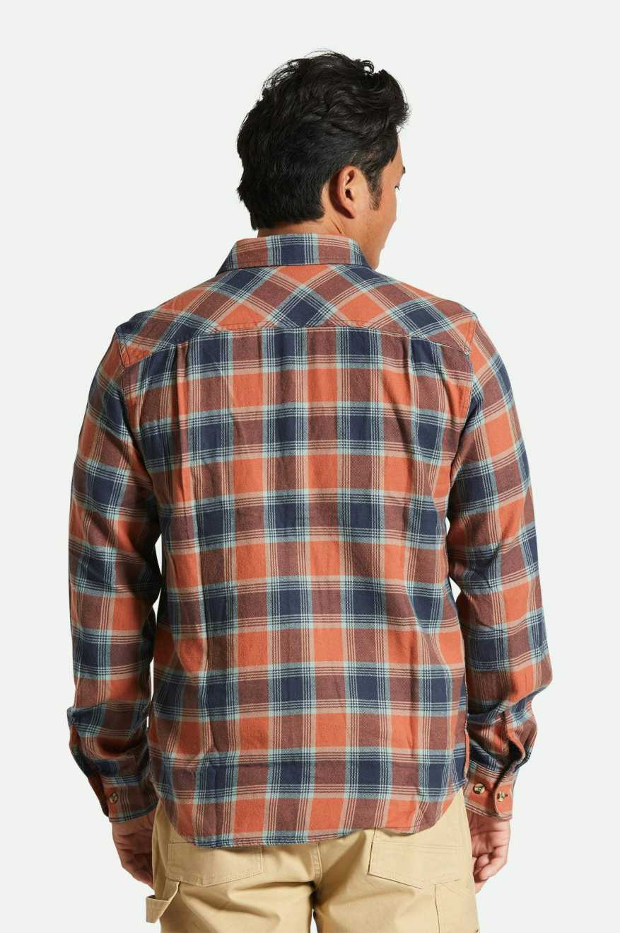 Men's Fit, Back View | Bowery Lightweight Ultra Soft L/S Flannel - Terracotta/Chinois Green