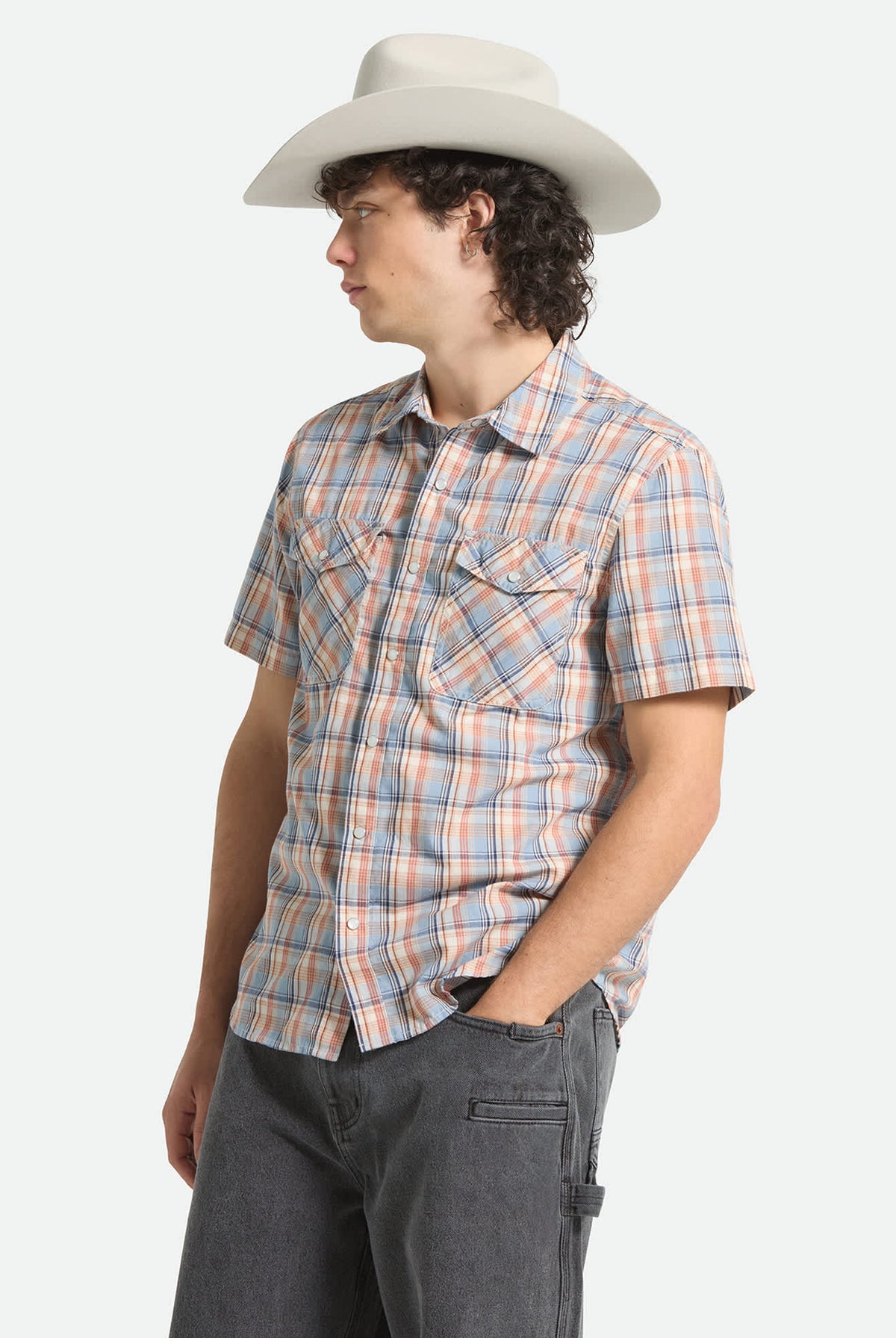 Men's The Breezy Wayne Short Sleeve Shirt in the color Blue Multi Plaid - Men's Side View