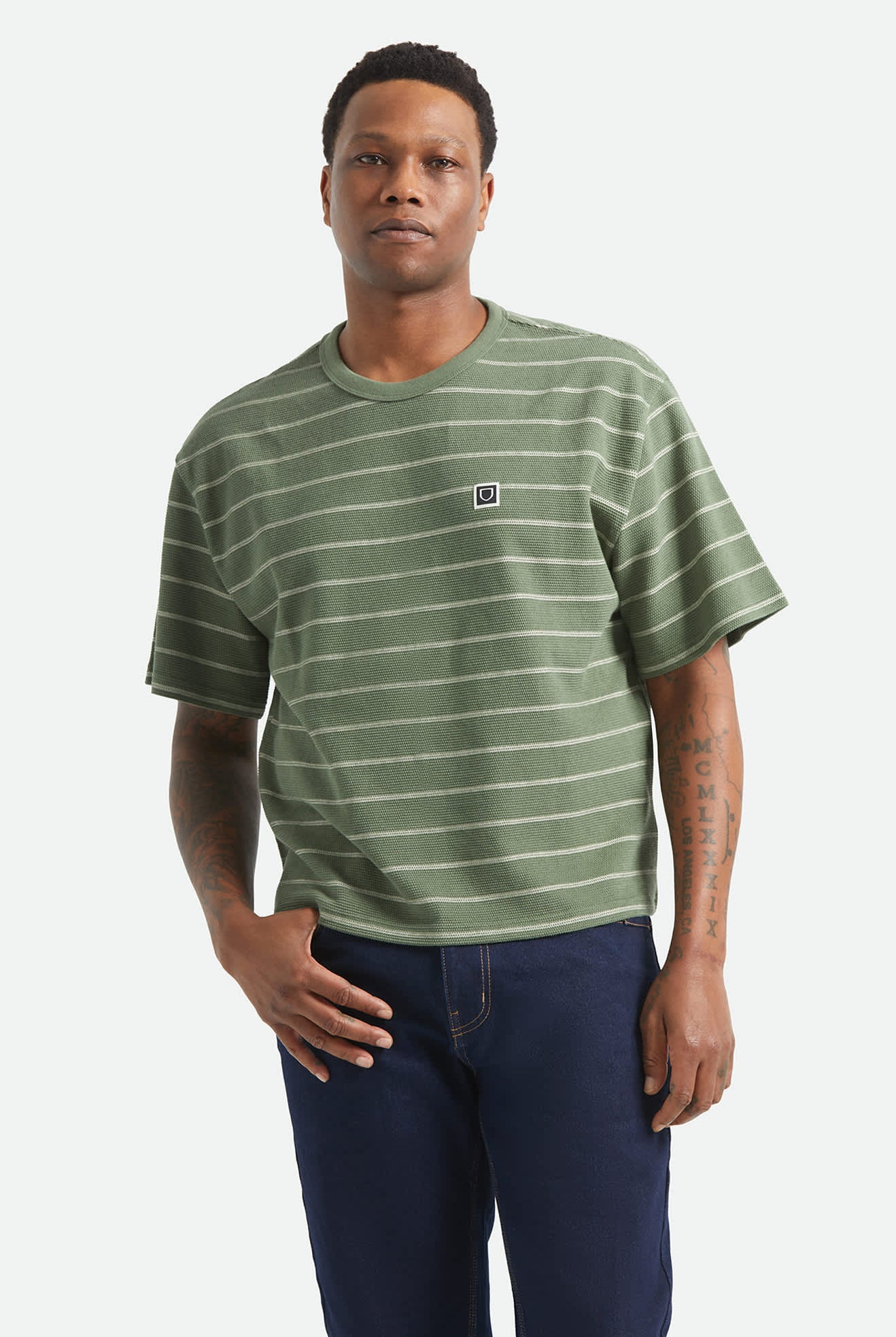 Men's Shield Pique Boxy T-Shirt in the color Dark Olive/Whitecap - Men's Front View