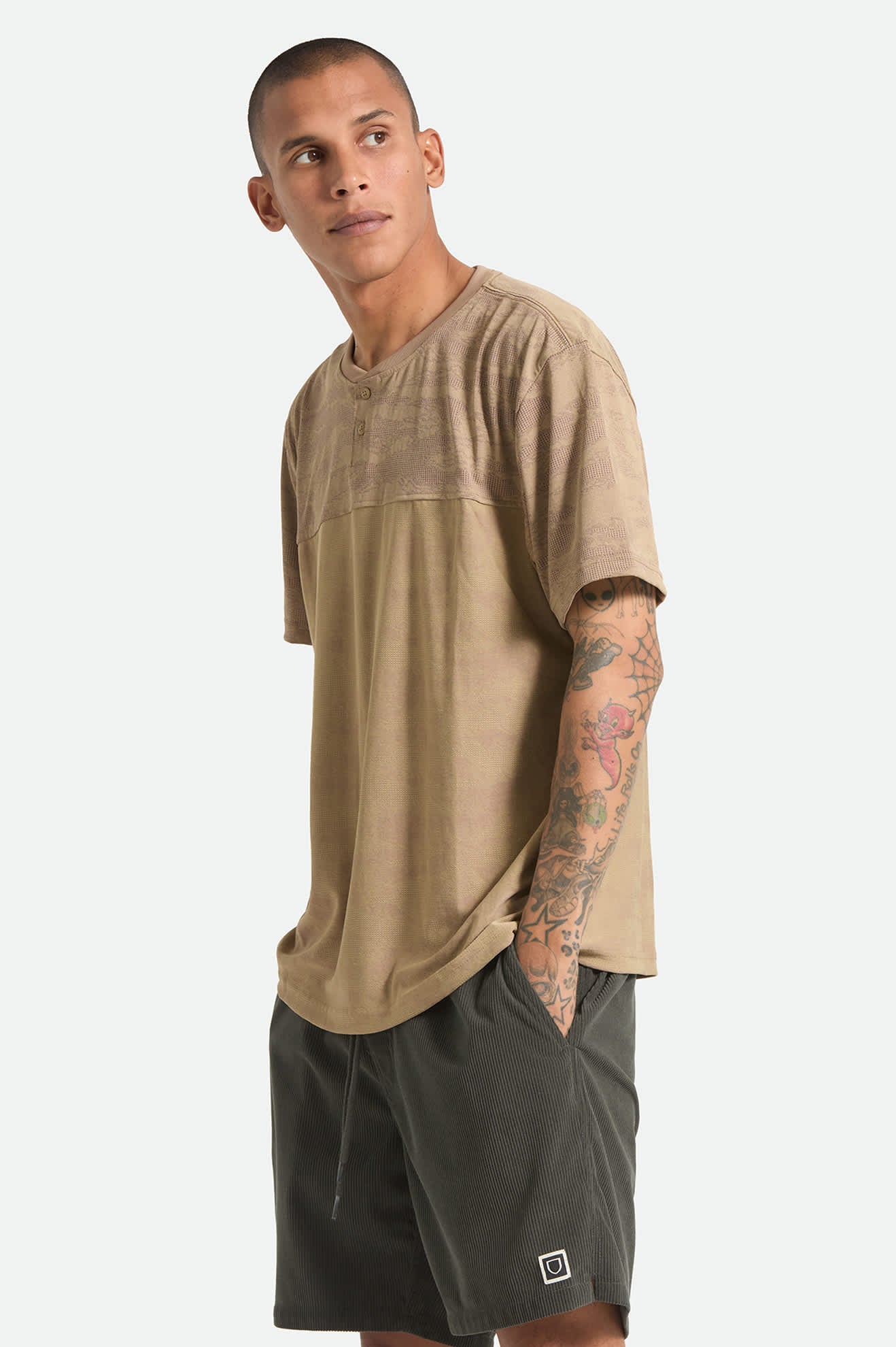 Men's Journey Short Sleeve Henley in the color Desert Tiger Camo - Men's Side View