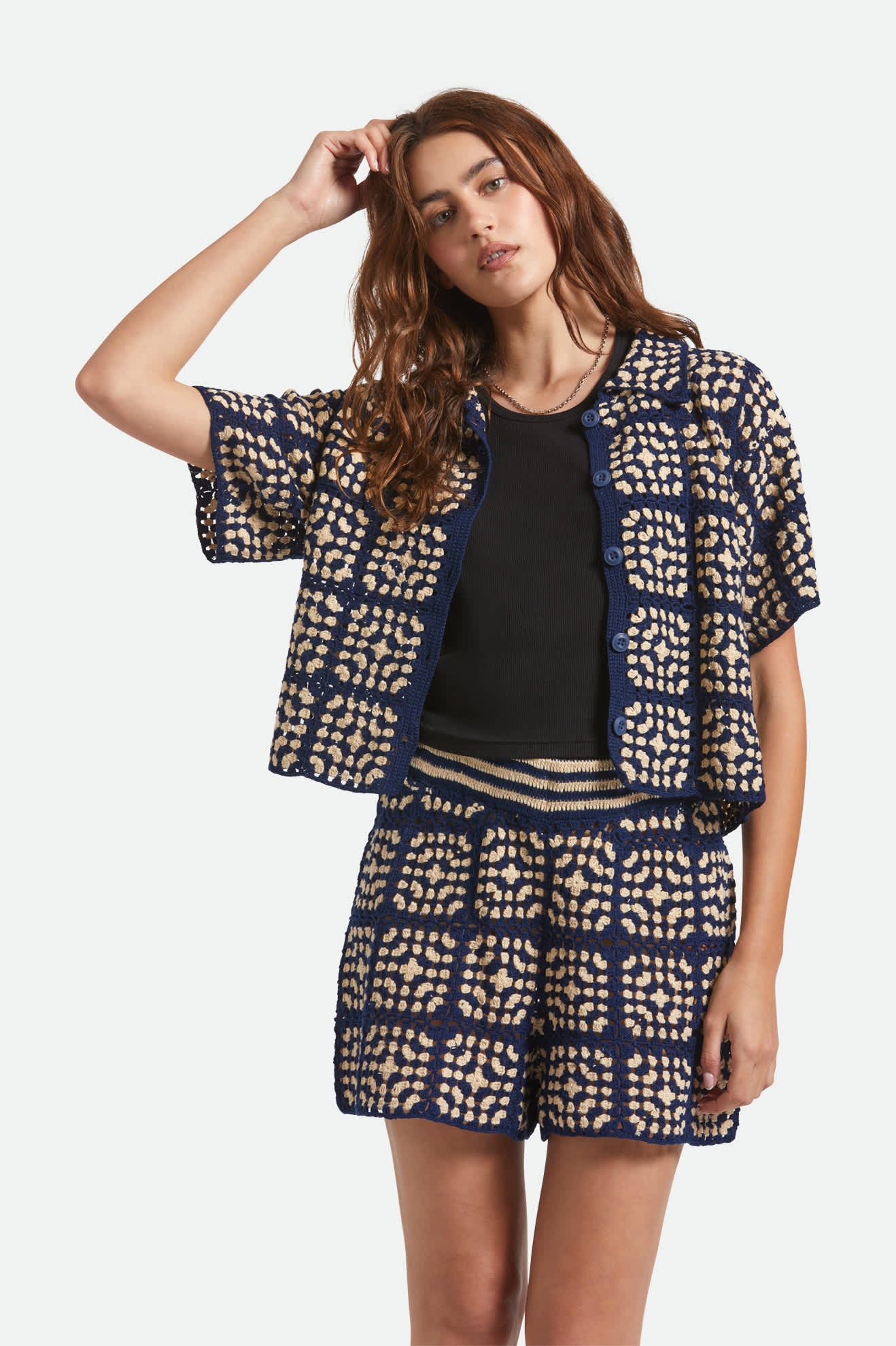 Women's Crochet S/S Button Down in the color Mood Indigo/Off White - Women's Front View