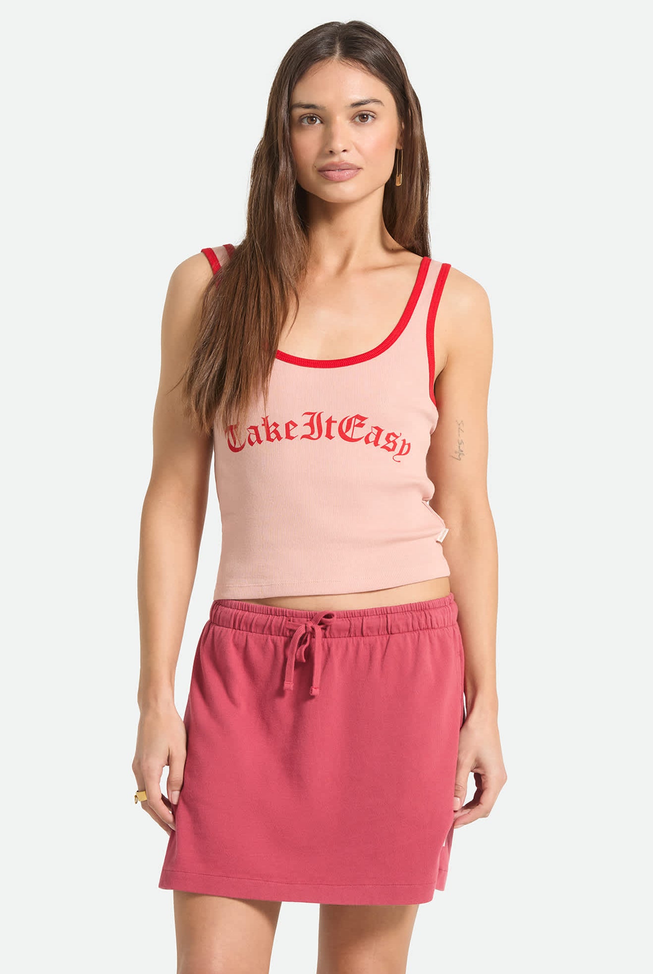 Women's Take It Easy Ringer A-Tank in the color Silver Pink - Women's Front Fit Image