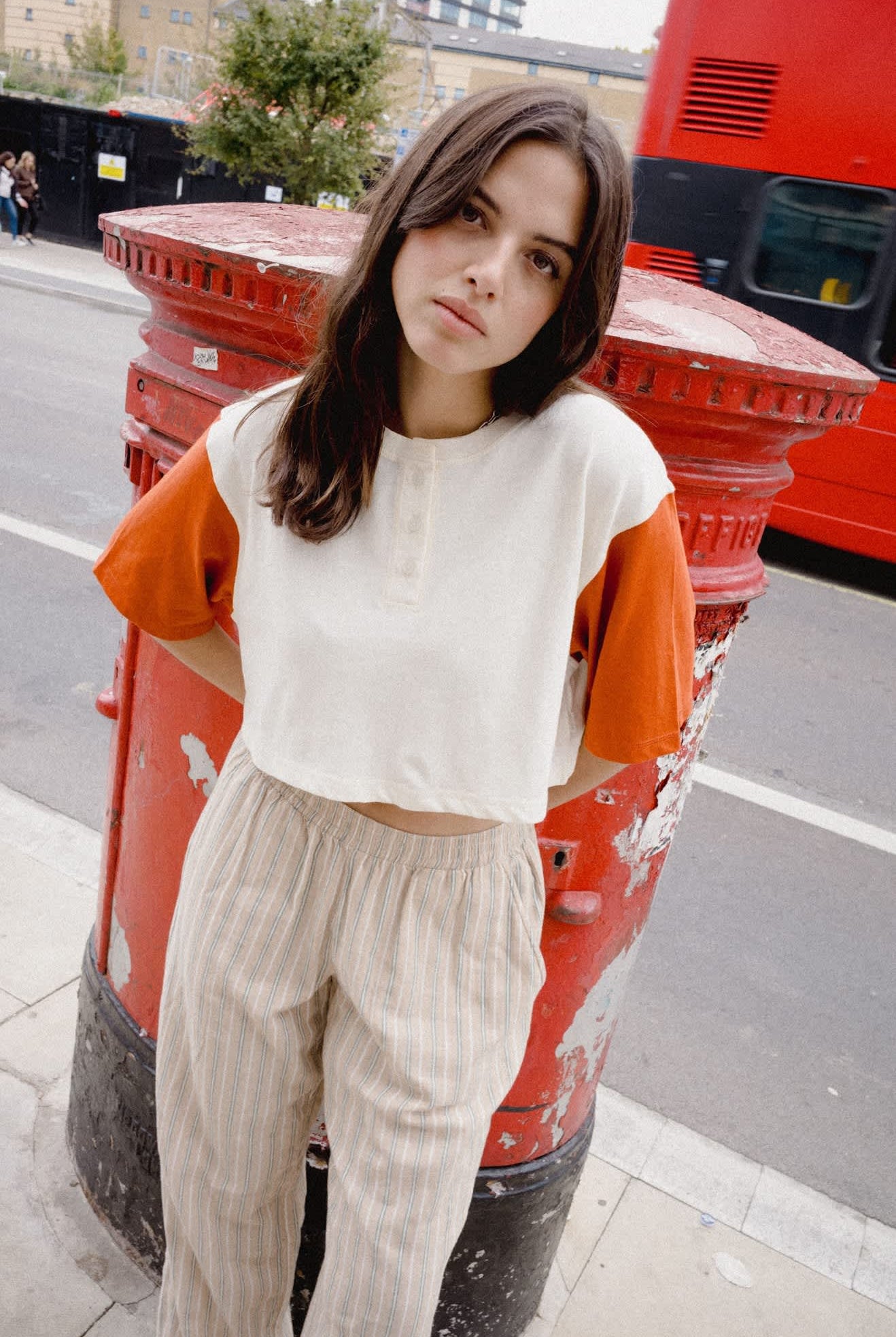 Women's Carefree Organic Garment Dye Cropped Henley in the color Off White/Rust - Women's Lifestyle 1