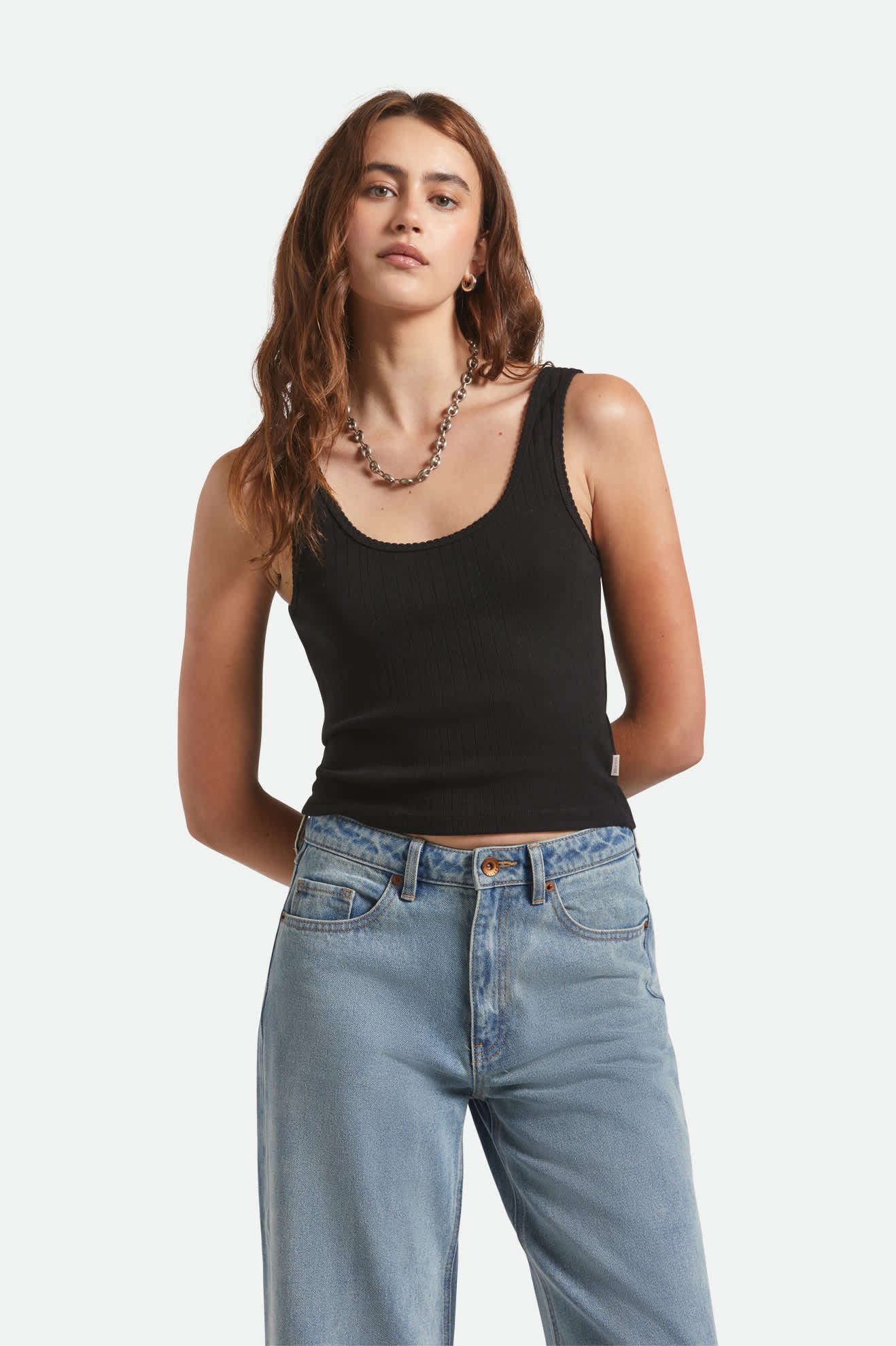 Women's Pointelle Slim Fit Tank in the color Black - Women's Front View