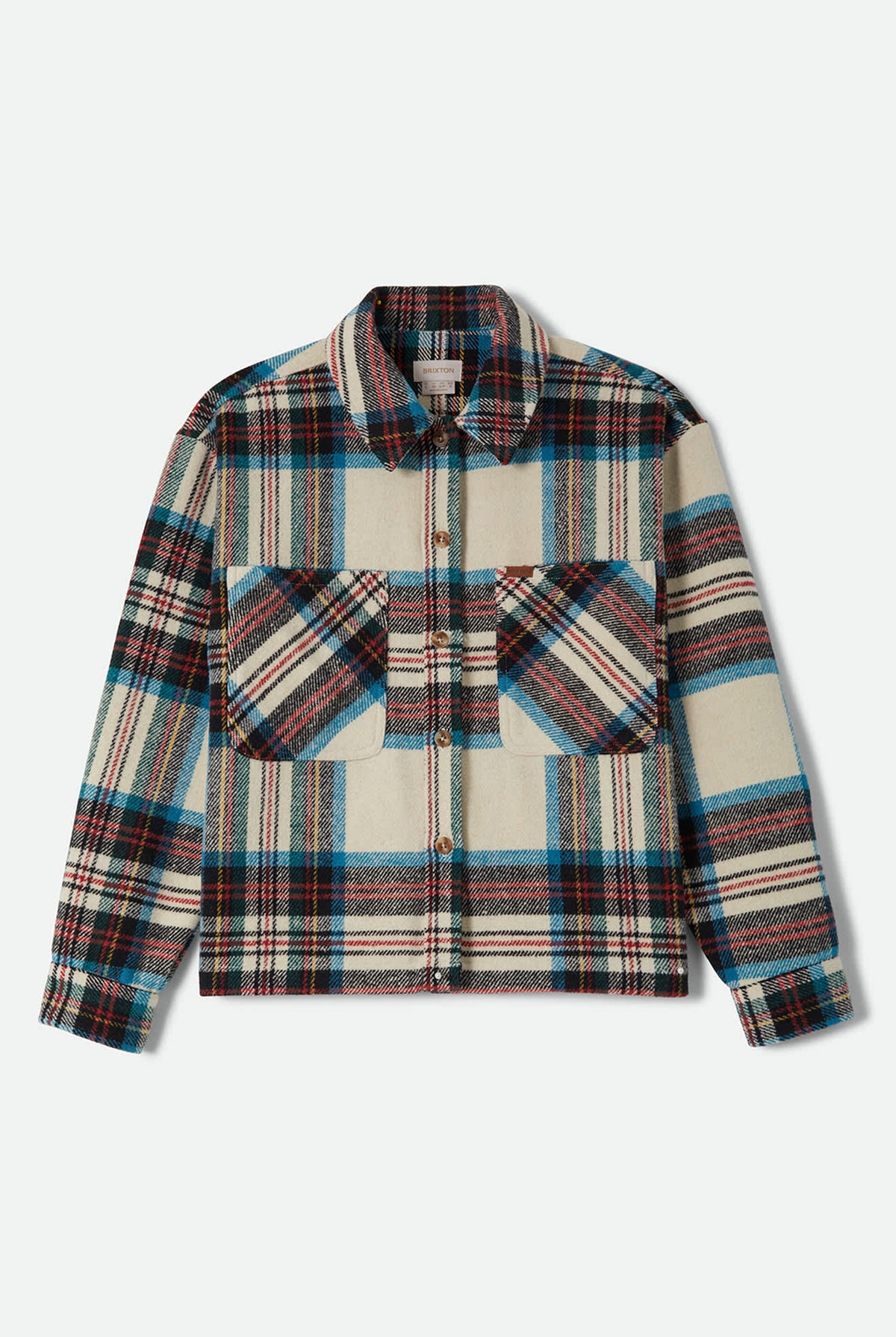 Women's Bowery Women's Soft Brushed Flannel in the color Off White Black/Tranquil Blue - Front Product Laydown Image