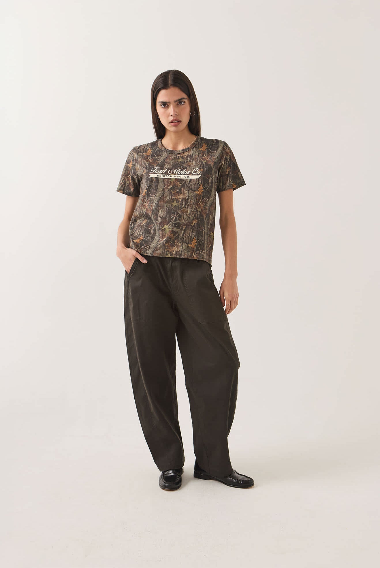 Women's Ford x Brixton T-Shirt in the color Boxwood Green - Women's Front Fit Image
