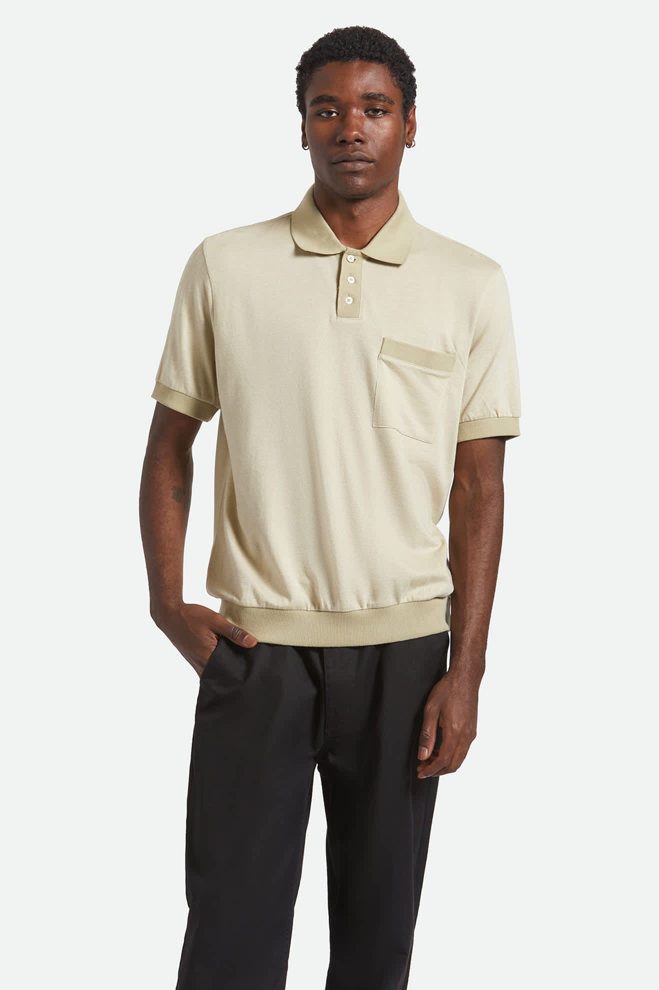 Men's Weekend Herringbone S/S Polo in the color Whitecap/Elm - Men's Front View