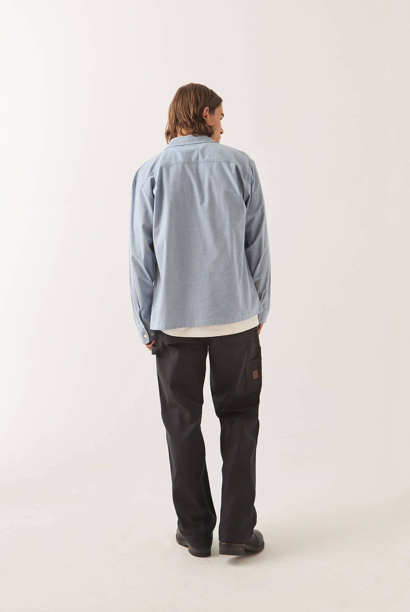 Men's Ford Service Dept Workshirt in the color Blue Chambray - Men's Back View
