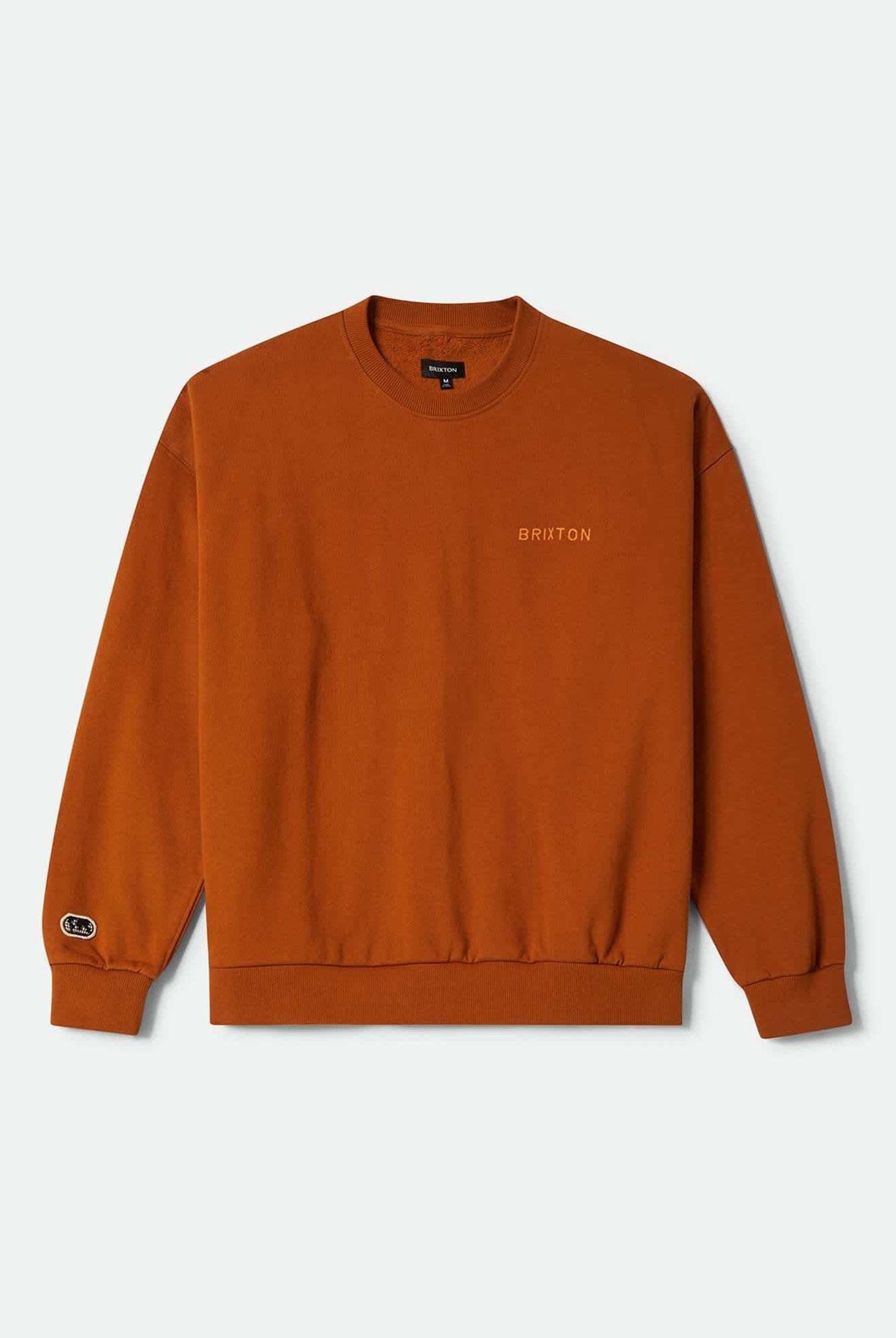 Men's Embroidered Heavyweight Crew in the color Rustic Caramel - Front Product Laydown Image