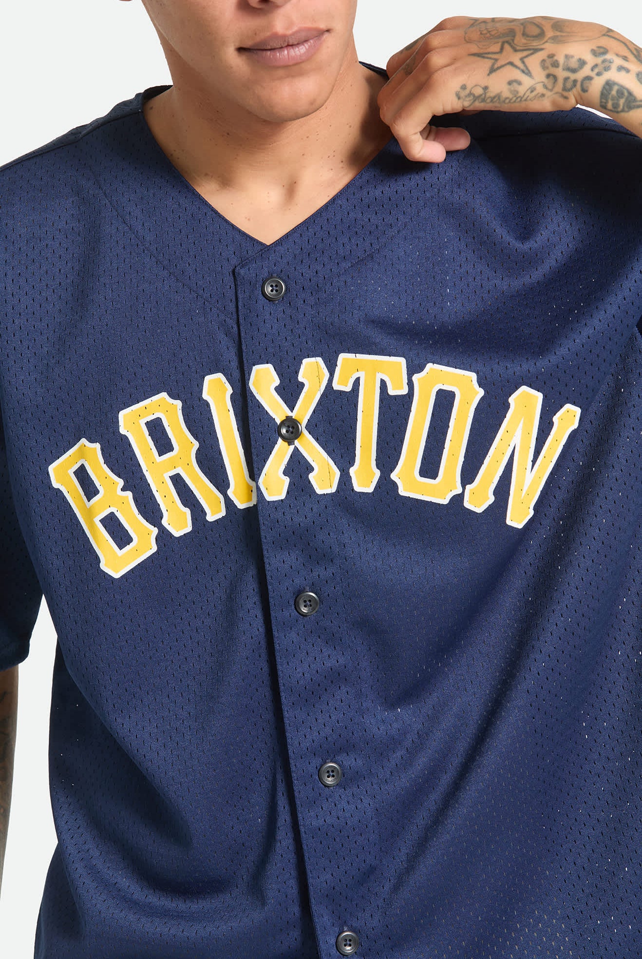 Men's The Brixton Mesh Short Sleeve Baseball Jersey in the color Washed Navy - Additional Fit image