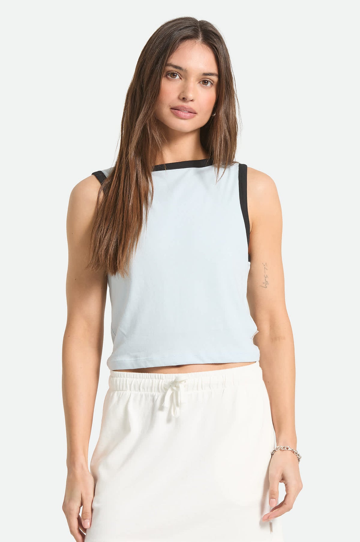 Women's Carefree Organic Garment Dye Cropped Tank in the color Blue Aura - Women's Front Fit Image